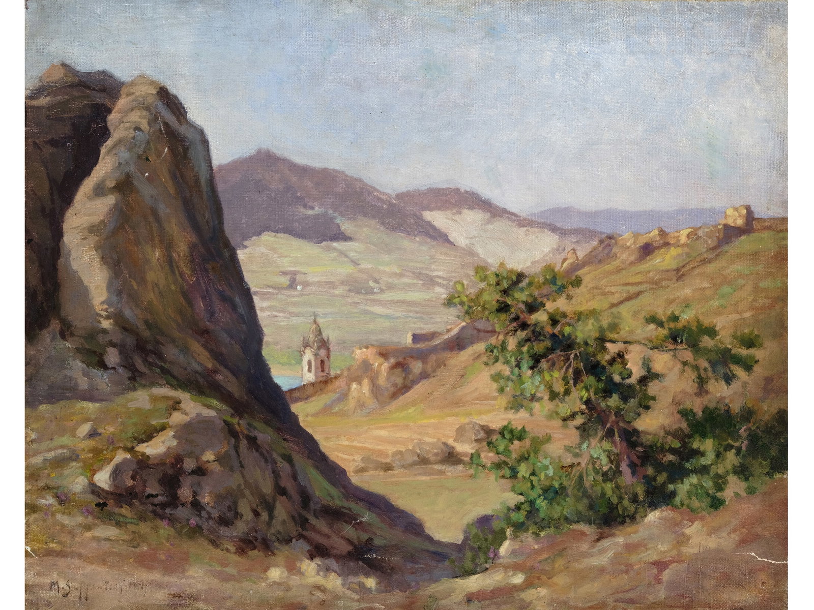 PAINTING OF DUeRNSTEIN: Duernstein on the DanubeOil on canvas40.5 x 51 cmCanvas damaged