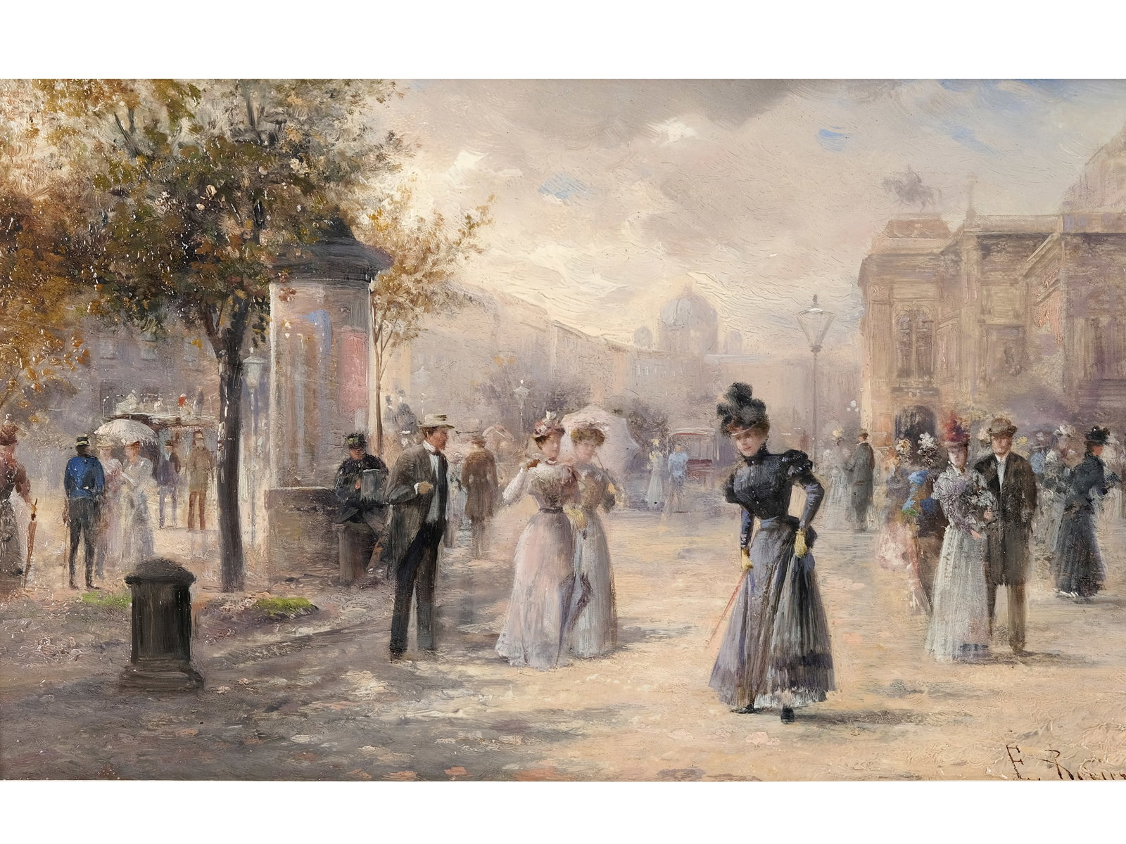 EMIL BARBARINI, 1855 - 1933: Emil Barbarini1855 - 1933On a WalkOil on wood20.5 x 31.5 cm, with frame 33 x 43.5 cmSigned with the pseudonym "Rolin" lower right