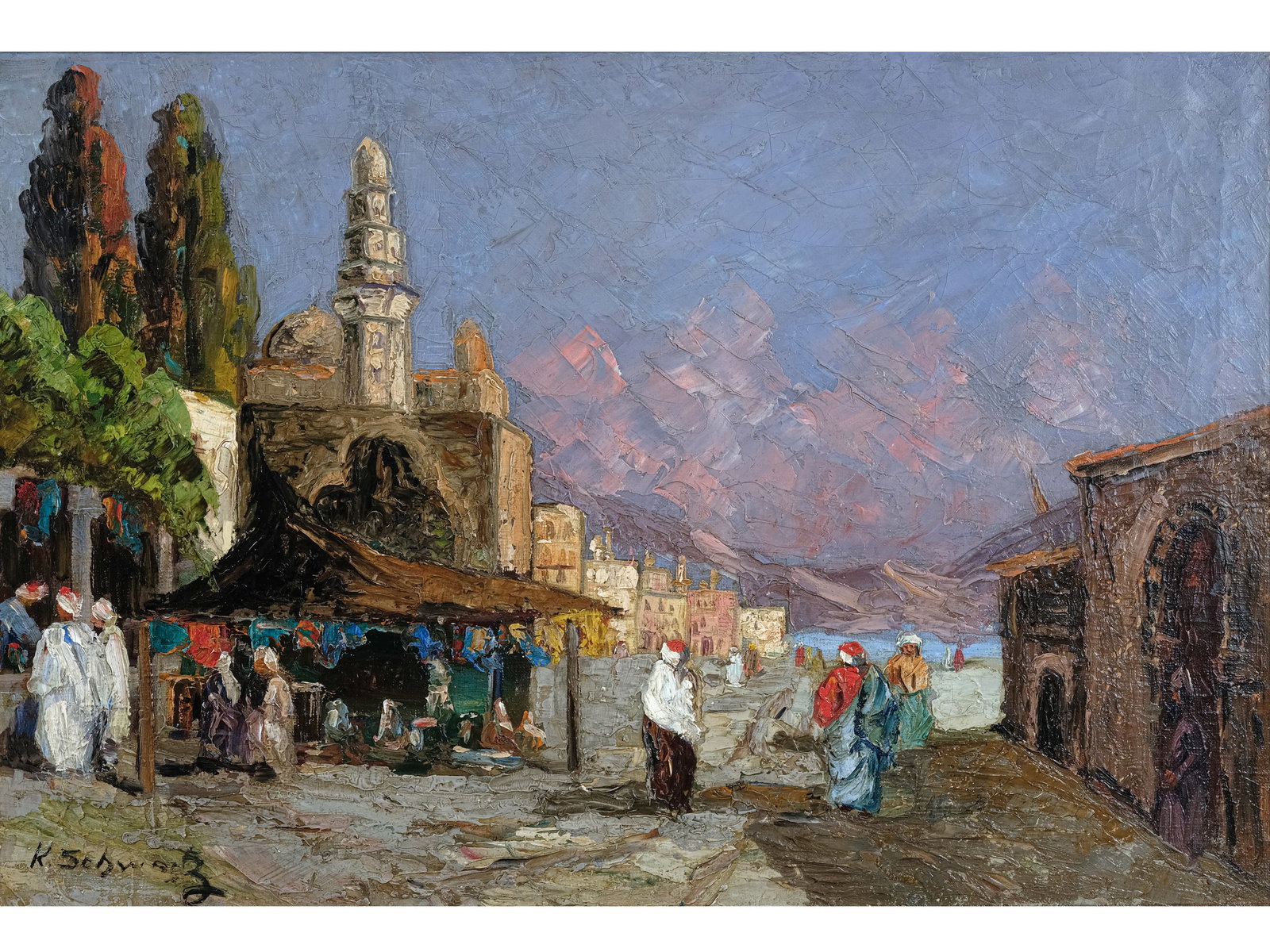 KARL SCHWARTZ, CIRCA 1900: Karl SchwartzCirca 1900Oriental CityscapeOil on canvas, relined54 x 79.5 cm, with frame 70 x 96.5 cmSigned lower left