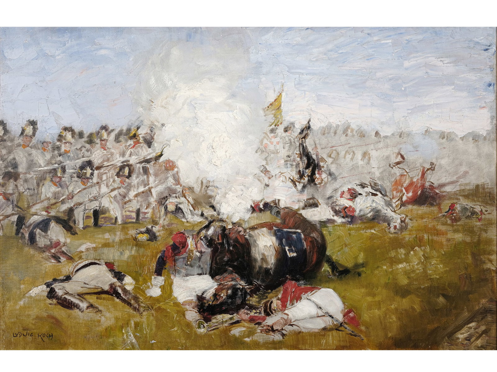 LUDWIG KOCH, 1866 - 1934: Ludwig Koch1866 - 1934Battle SceneOil on cardboard57.5 x 85.5 cm, with frame 66 x 94.5 cmSigned lower left