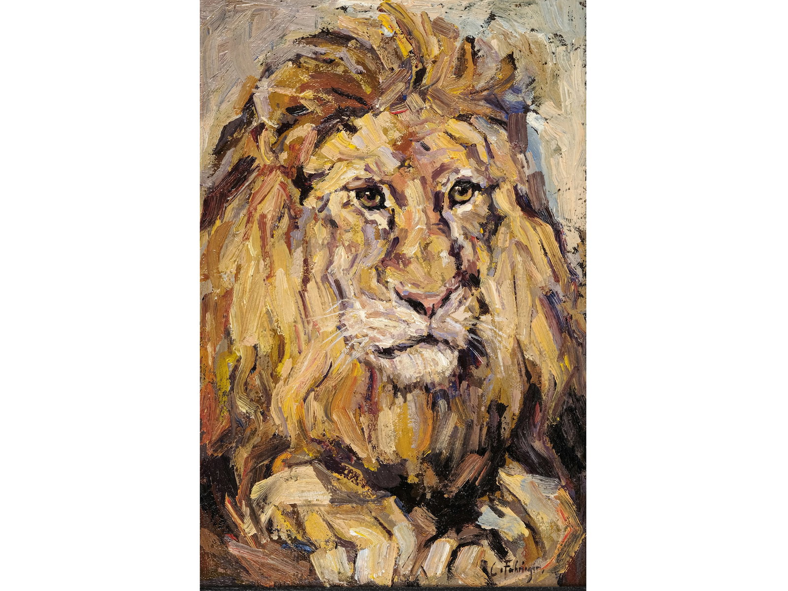 CARL FAHRINGER, 1874 - 1952: Carl Fahringer1874 - 1952The LionOil on cardboard31 x 20.5 cm, with frame 43.5 x 33 cm Signed lower right