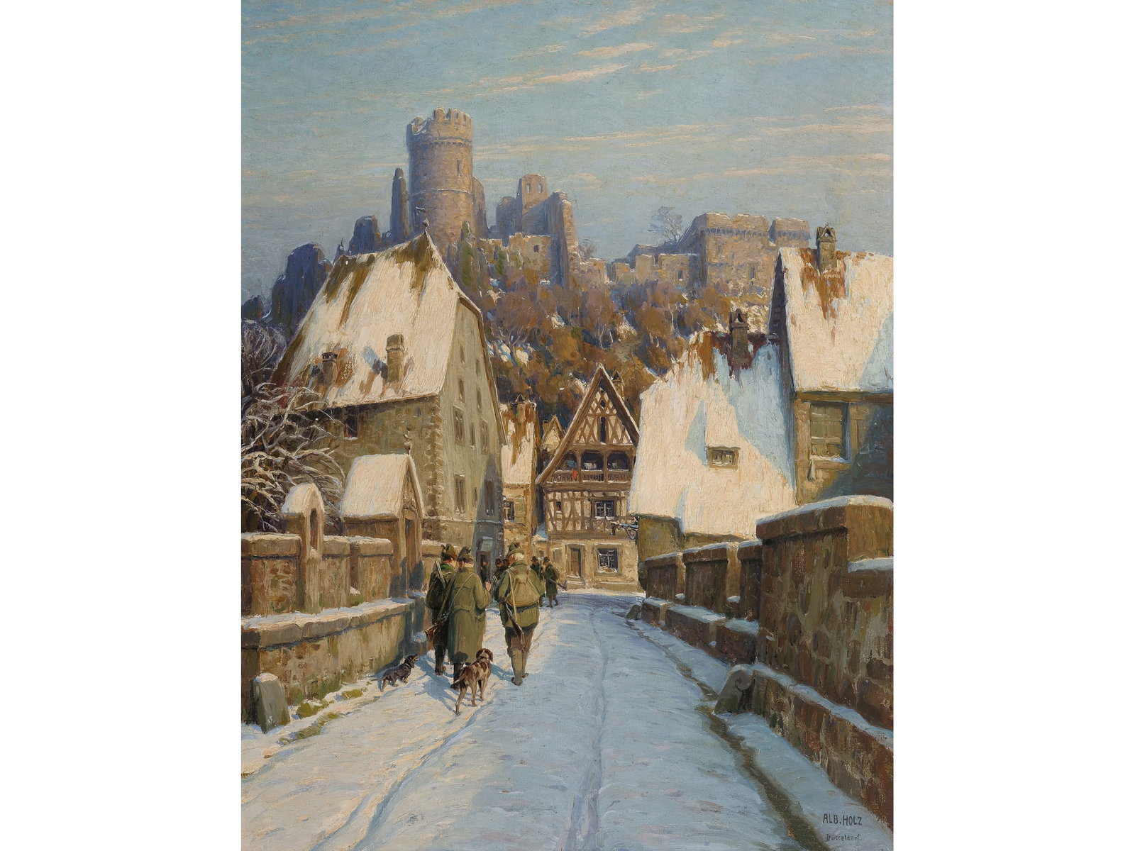 ALBERT HOLZ, 1884 - 1954: Albert Holz1884 - 1954The Hunters in DuesseldorfOil on canvas, relined80.5 x 60.5 cm, with frame 93 x 73.2 cmSigned and inscribed lower right