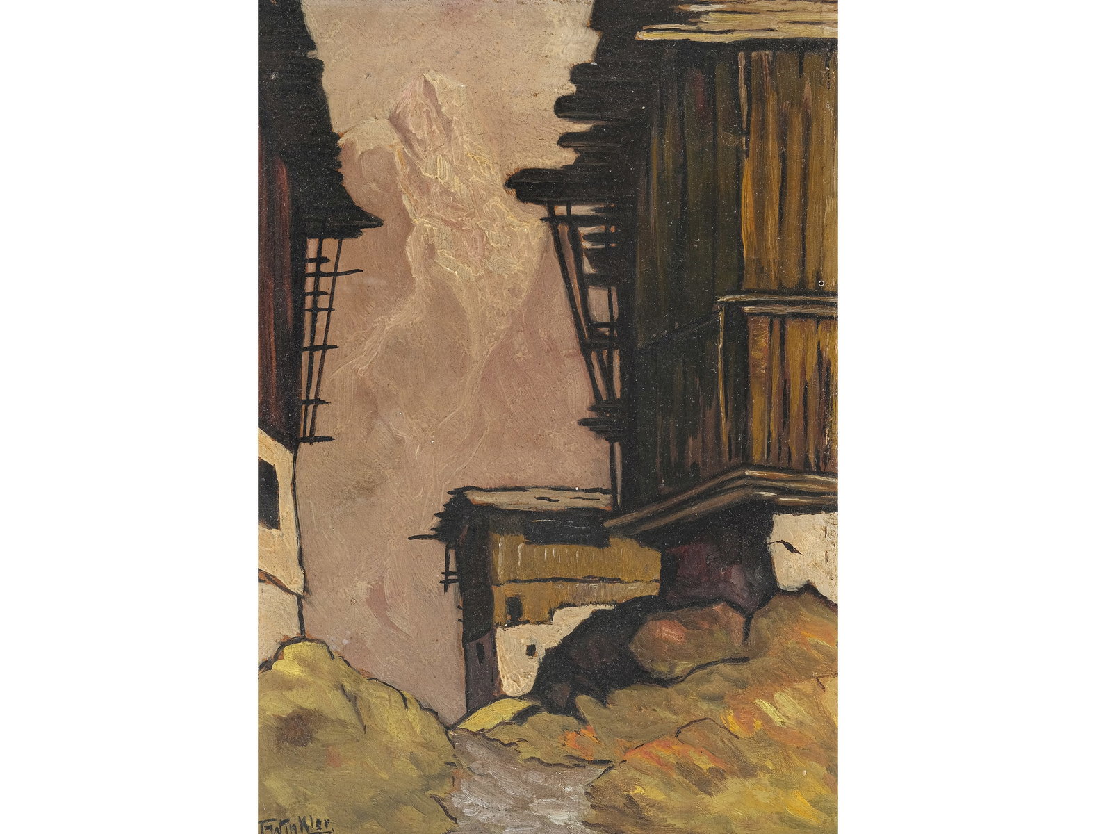 FRANZ WINKLER, 1899 - 1949: Franz Winkler1899 - 1949Farmhouse and MountainsOil on cardboard27.2 x 19.2 cm, with frame 36.5 x 28.9 cm Signed lower left