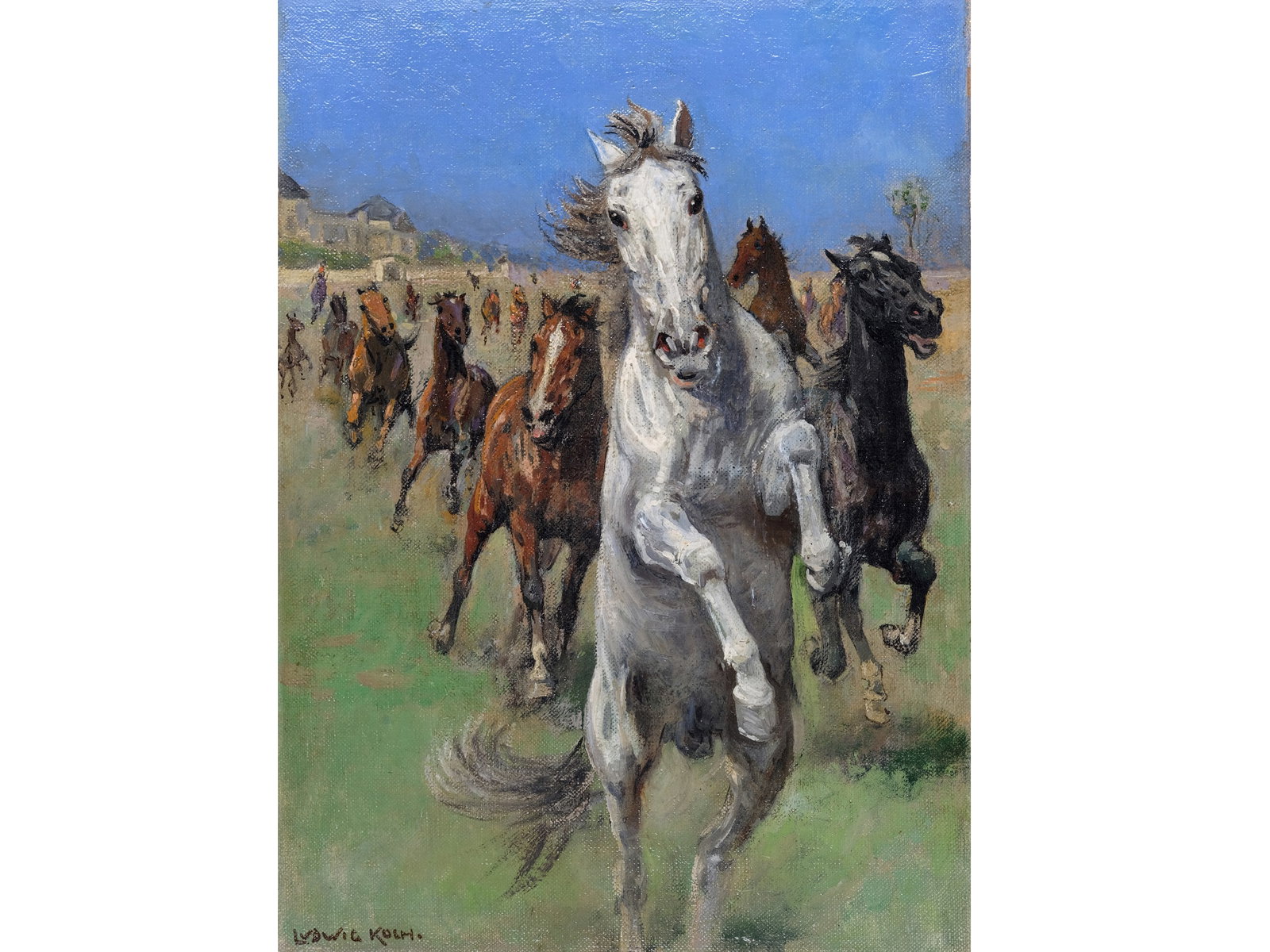 LUDWIG KOCH, 1866 - 1934: Ludwig Koch1866 - 1934Galloping Herd of HorsesOil on canvas on cardboard27 x 20 cmSigned lower left
