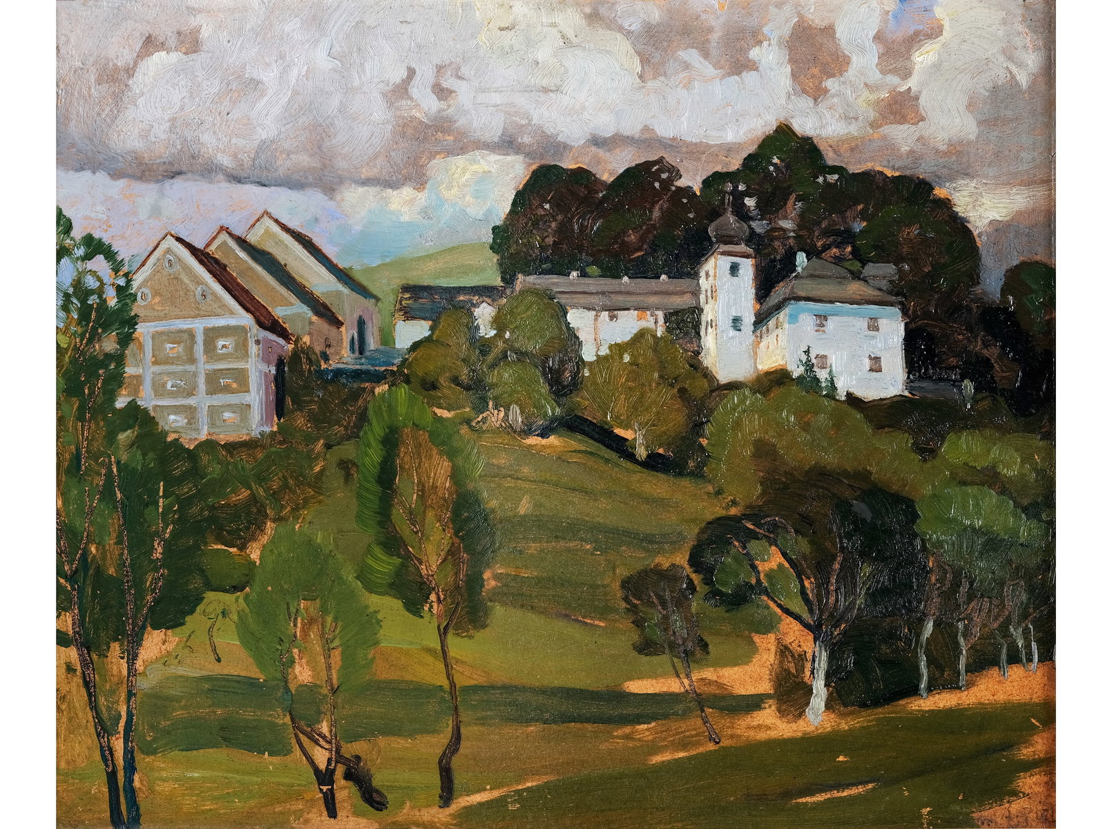 ALFRED POELL, 1867 - 1929: Alfred Poell1867 - 1929View of the CastleOil on wood33 x 39 cm, with frame 50 x 56 cmSigned lower right