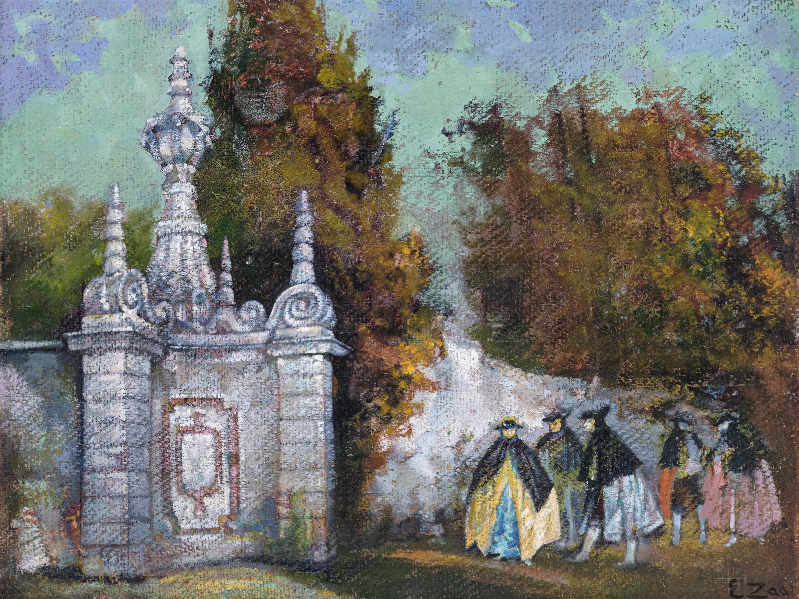 ERMA ZAGO, 1880 - 1942: Erma Zago1880 - 1942Venetian GardenOil on jute or coarse cardboard on panel60.5 x 80.5 cm, with frame 76.5 x 96.5 cmSigned lower right