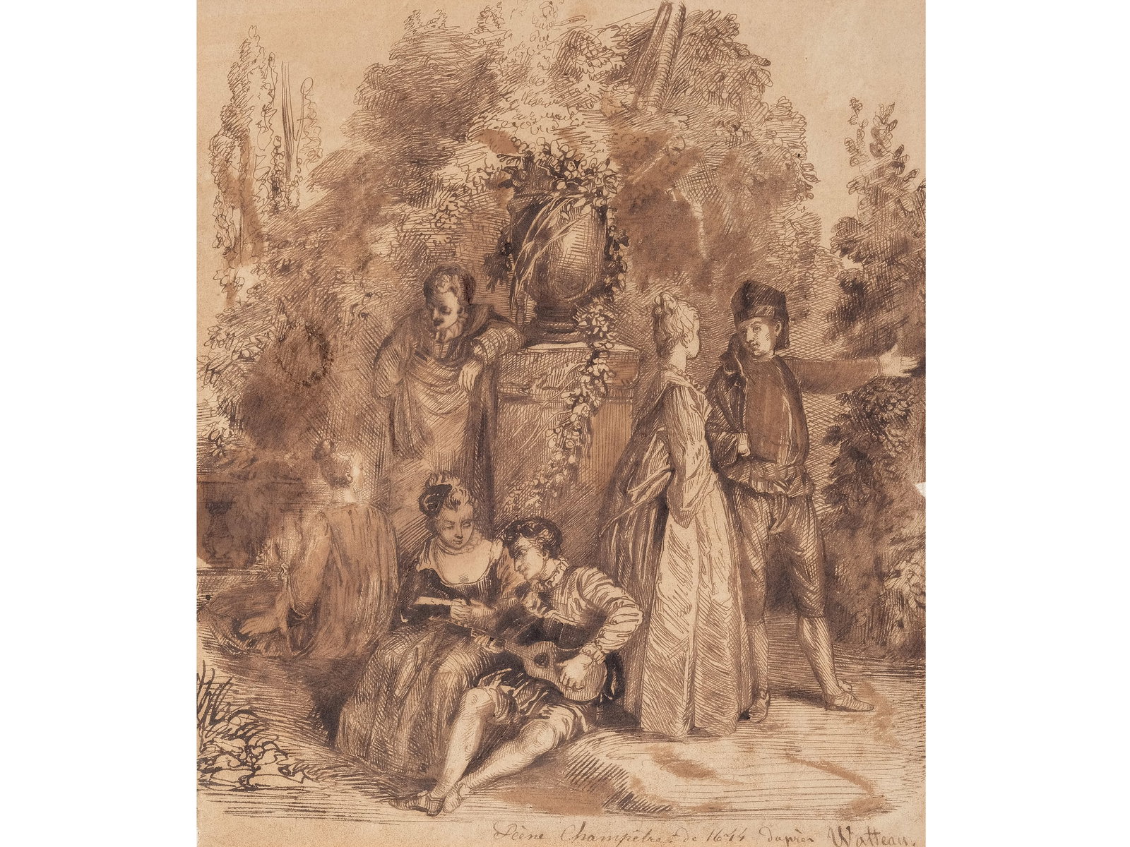 JEAN - ANTOINE WATTEAU, 1684 - 1721, CIRCLE OF: Jean - Antoine Watteau1684 - 1721, Circle ofGallant Gathering in NatureWash drawing in ink on paper21 x 17.5 cm