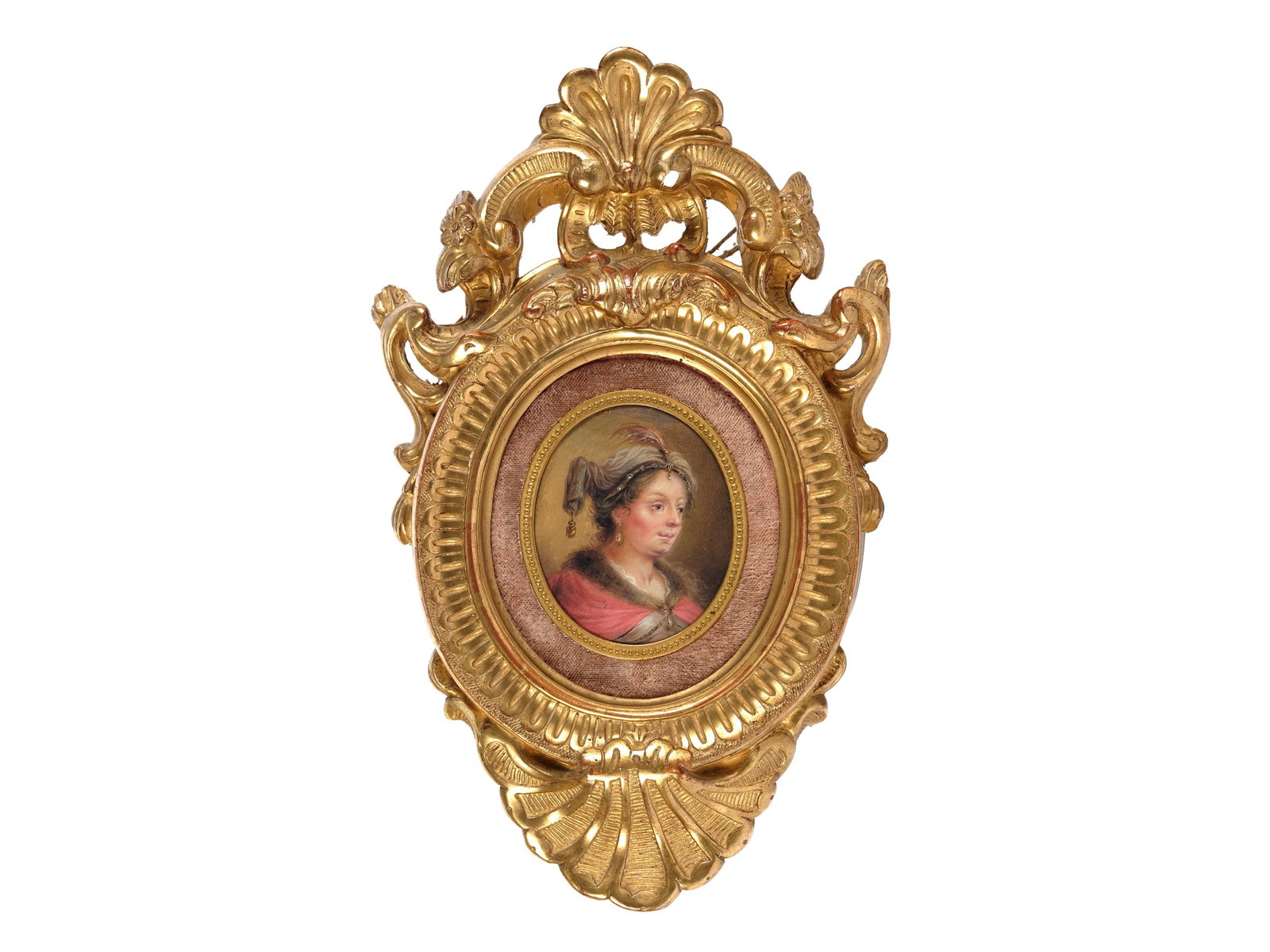 PORTRAIT MINIATURE, 18TH/19TH CENTURY: Portrait miniature18th/19th centuryLady in Oriental costumeTempera and watercolor on paper relined on cardboard In a magnificent carved and gilded wooden frame8.5 x 7.3 cm, with frame 29.5 x 18 cm