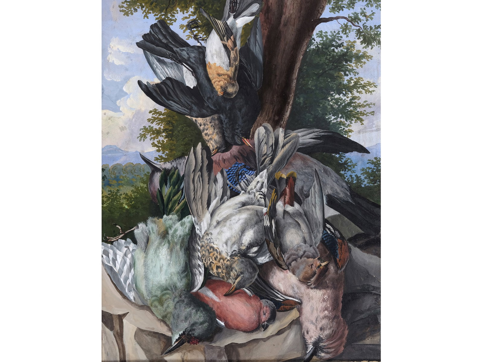 HUNTING STILL LIFE WITH BIRDS, BIEDERMEIER: Hunting Still Life with BirdsBiedermeierWatercolor on paper49 x 38.5 cm, with frame 70.5 x 54 cm