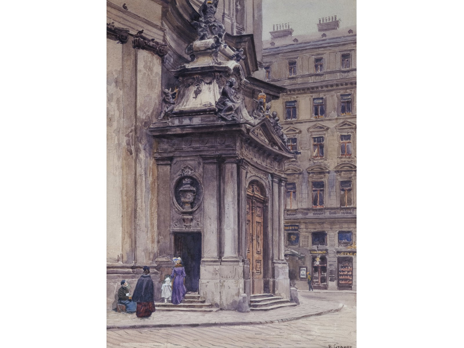 ERNST GRANER, 1865 - 1943: Ernst Graner1865 - 1943Portal of St. Peter’s Church in ViennaMixed media on paper38.5 x 27.5 cm, with frame 41.5 x 31 cmSigned lower right
