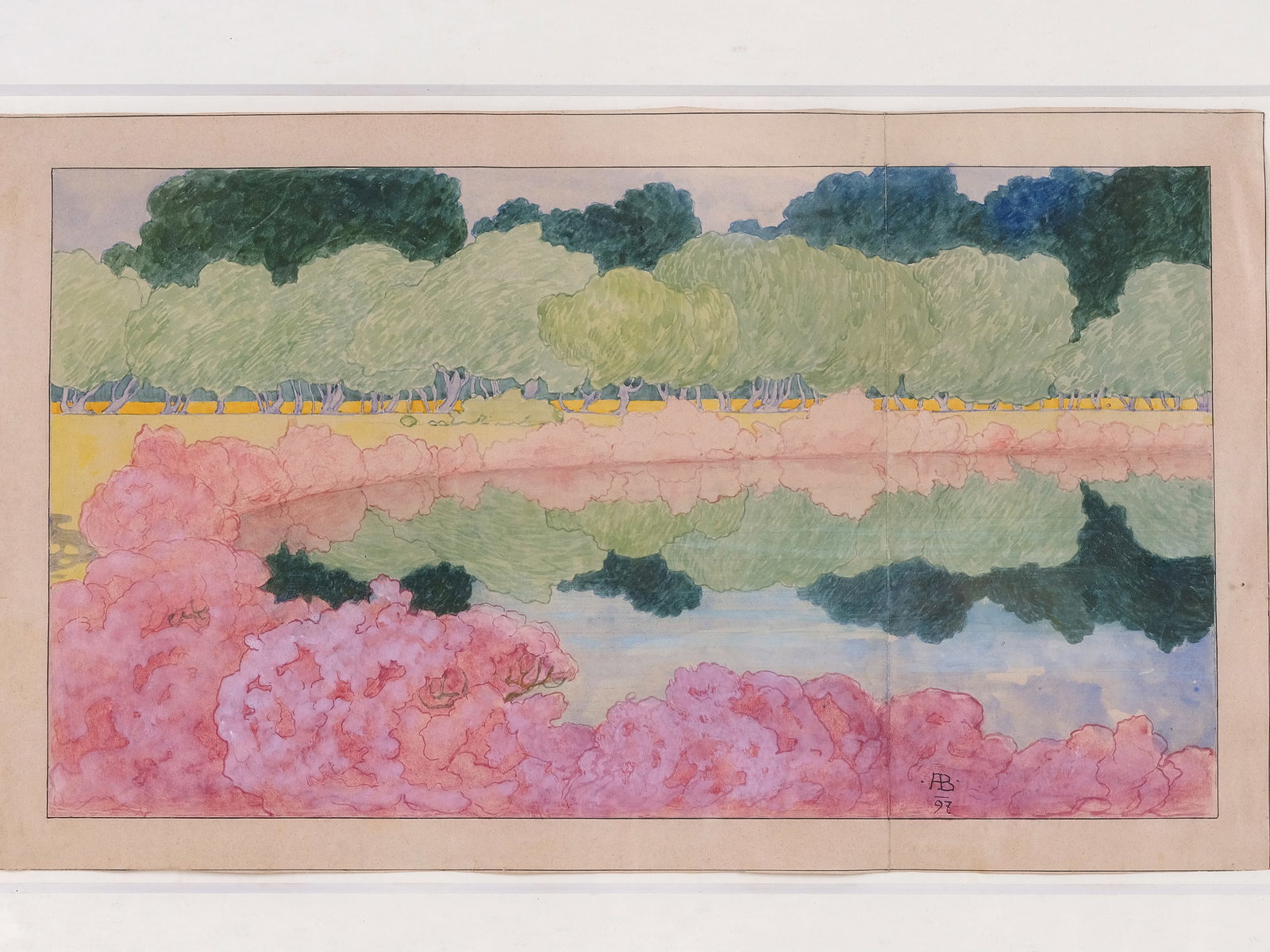 ADOLF BOeHM, 1861 - 1927: Adolf Boehm1861 - 1927Landscape by the LakeWatercolor on paper23 x 38.5 cm, with frame 50.5 x 65.5 cmMonogrammed and dated (18)97 lower rightVertical crease