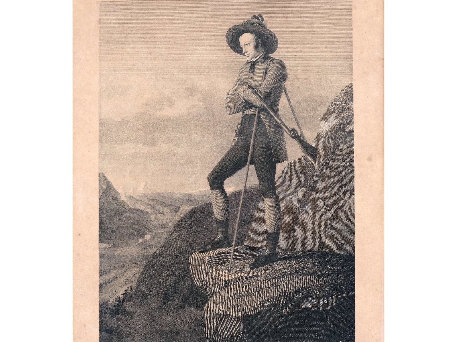 ARCHDUKE JOHANN IN HUNTING ATTIRE, LITHOGRAPH ON PAPER: Archduke Johann in Hunting AttireLithograph on paper40 x 26.5 cm, with frame 54 x 39 cm