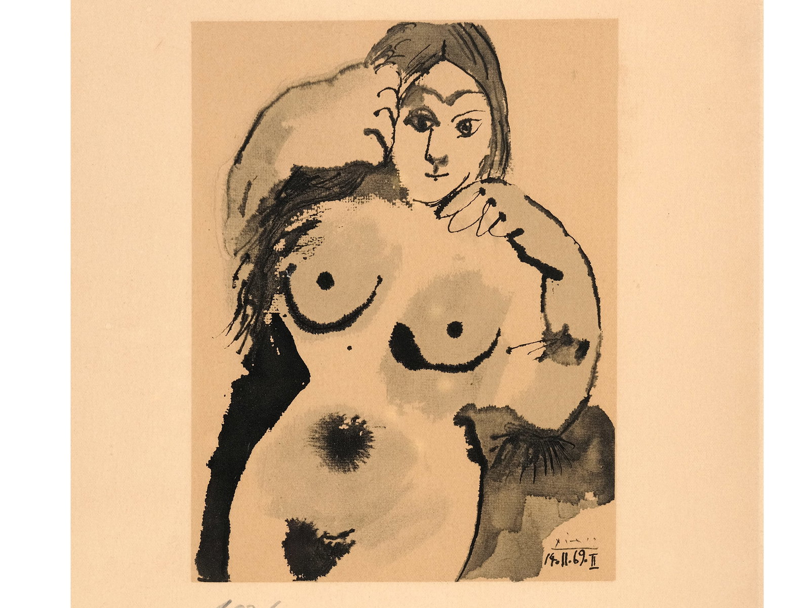 PABLO PICASSO *, 1881 - 1973: Pablo Picasso *1881 - 1973Female NudeLithograph on paper27.5 x 20.5 cm, with frame 70 x 57.5 cmSigned and dated (19)69 in the stone, lower rightNumbered 182/200 in pencil, lower left