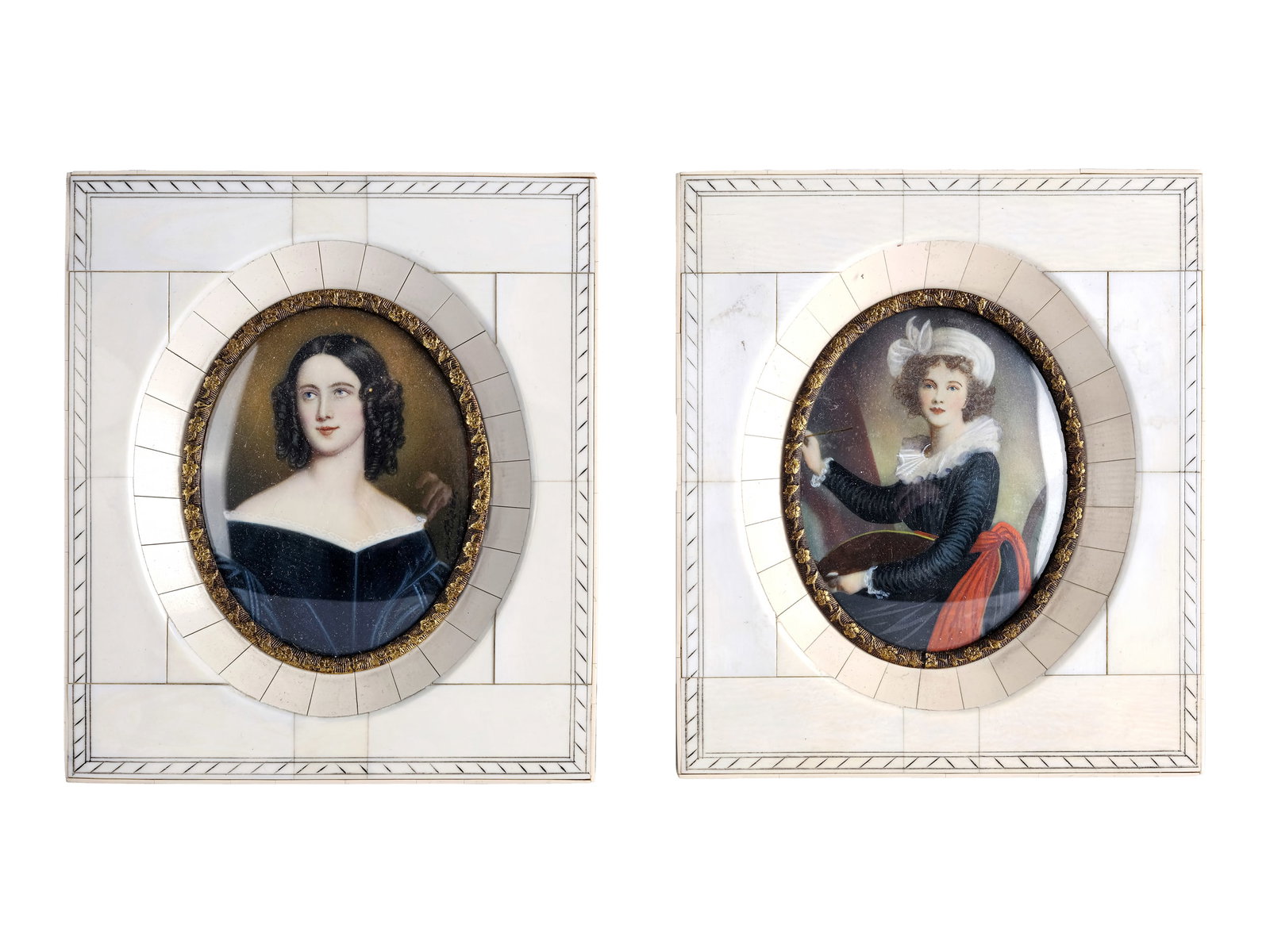 PAIR OF WATERCOLOR MINIATURES, 8 X 7 CM: Pair of watercolor miniatures 8 x 7 cm In stretcher frame 14.5 x 12.5 cm Attributed to Stieler and Lebrun