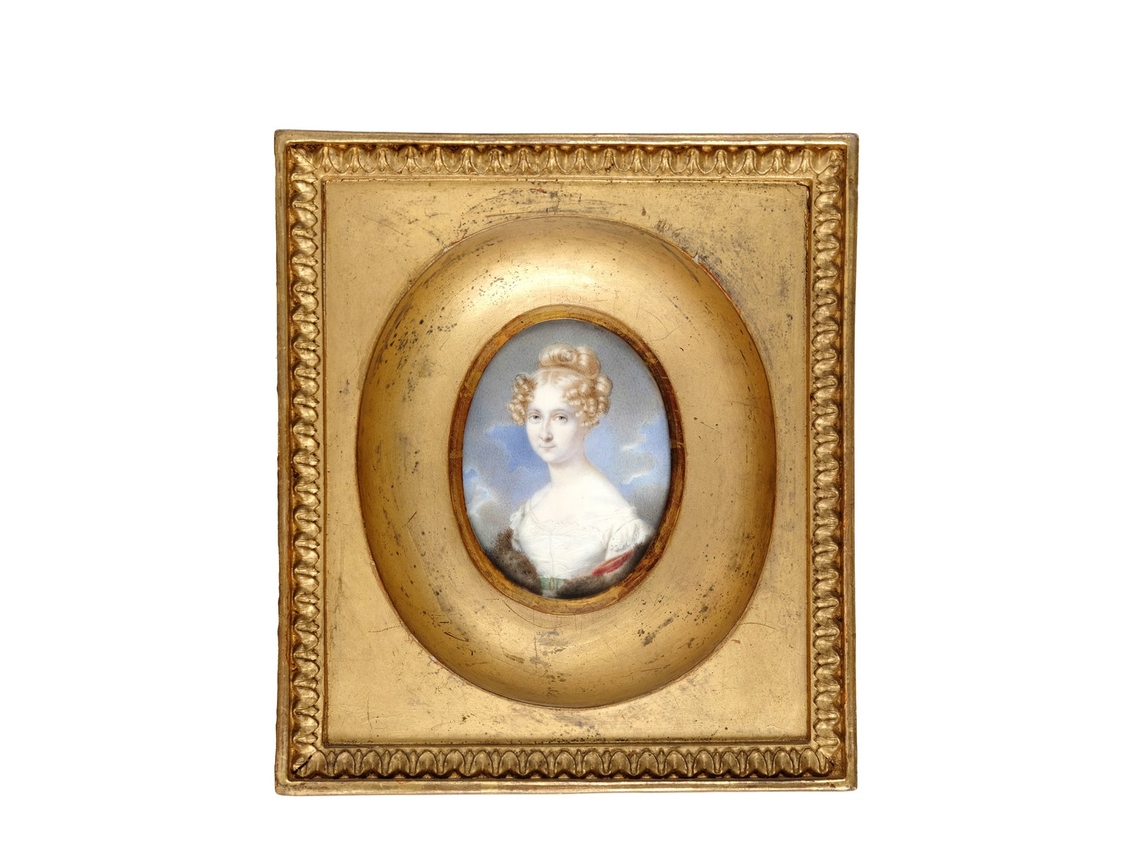 WATERCOLOR MINIATURE, PORTRAIT OF A BARONESS: Watercolor miniaturePortrait of a baroness7 x 6 cm, with frame 16 x 14 cmLabel on the back: Leopoldina Baronessa Kress von Kressenstein (1789-1872)