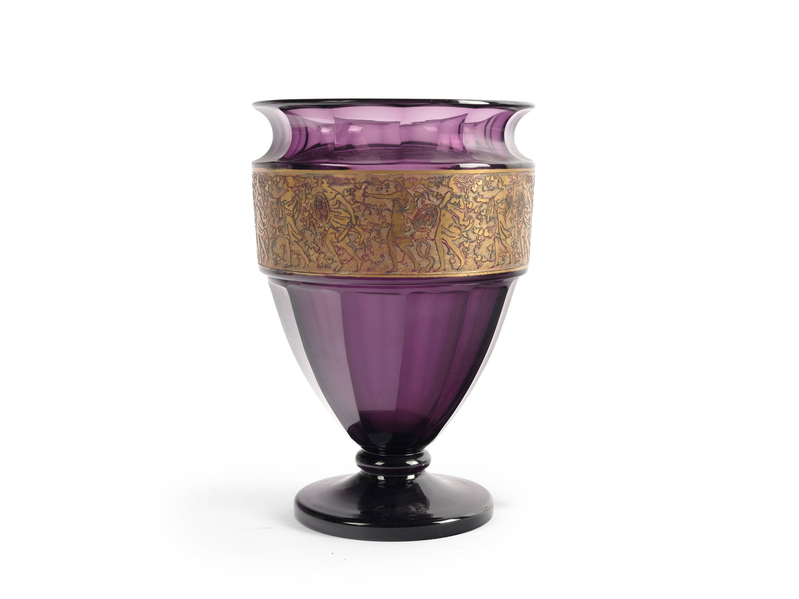 MOSER KARLSBAD VASE, VIOLET WITH GILDED DECORATIVE BAND AND MOTIFS OF AMAZONS (1 of 3)