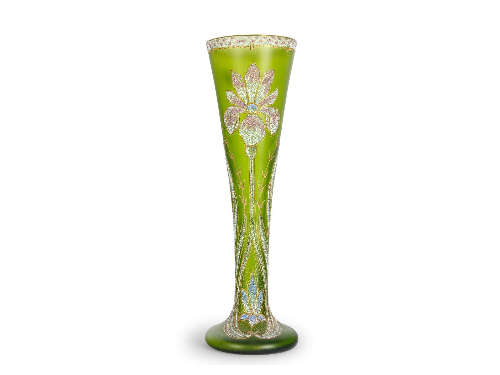 ART NOUVEAU VASE, GREEN, IRIDESCENT GLASS, COLORFULLY PAINTED: Art Nouveau vaseGreen, iridescent glass, colorfully paintedHeight 32.5 cm