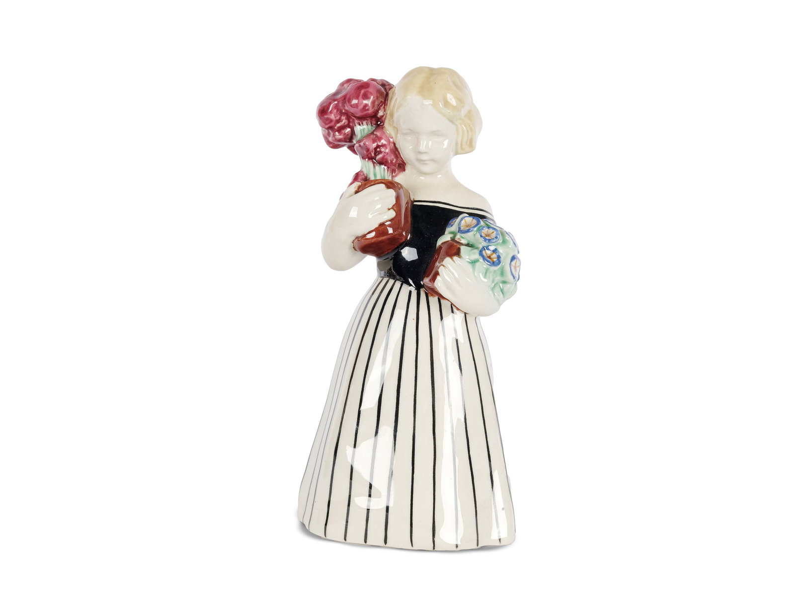 CERAMIC FIGURE FROM THE VIENNA ART CERAMICS WORKSHOP, GIRL WITH FLOWER POTS: Ceramic figure from the Vienna Art Ceramics WorkshopGirl with Flower PotsMulticolored glazed ceramicHeight 16.3 cm Marked on the bottom