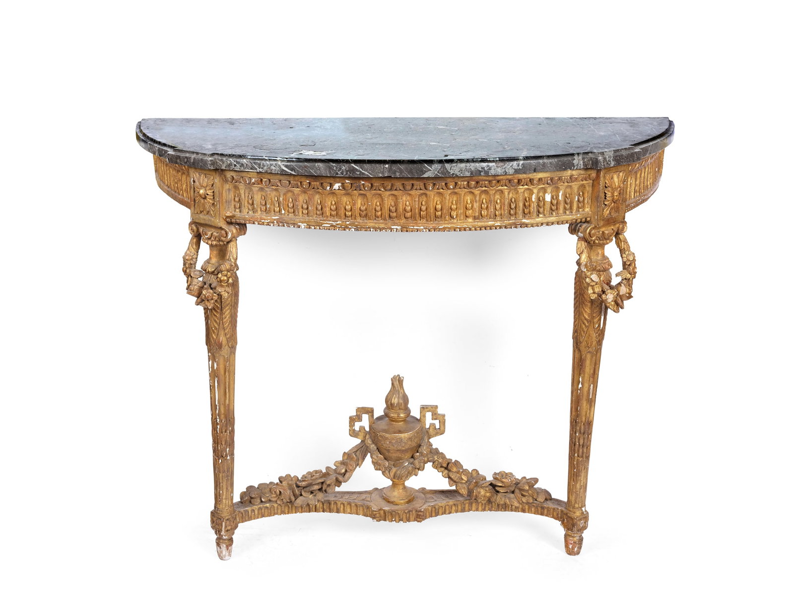 DEMILUNE-SHAPED WALL CONSOLE, LATE LOUIS XVI: Demilune-shaped wall consoleLate Louis XVILate 18th/early 19th centuryCarved and gilded wood109 x 48 cm, height 83 cmDamaged / missing parts