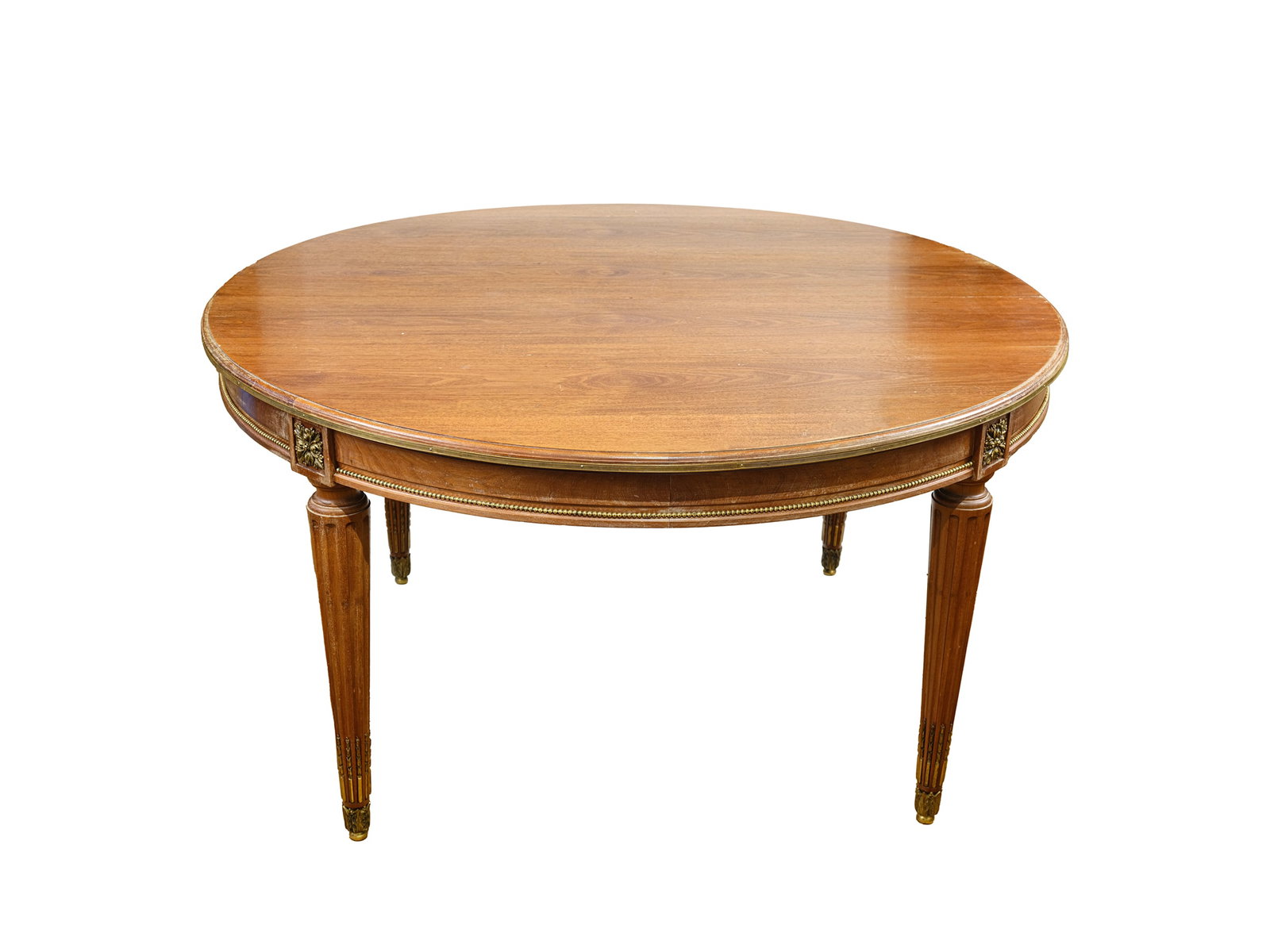 LARGE ROUND DINING TABLE, MAHOGANY WITH ALL-AROUND BRASS APPLIQUES, BEADED MOLDING, AND RIBBED (1 of 5)