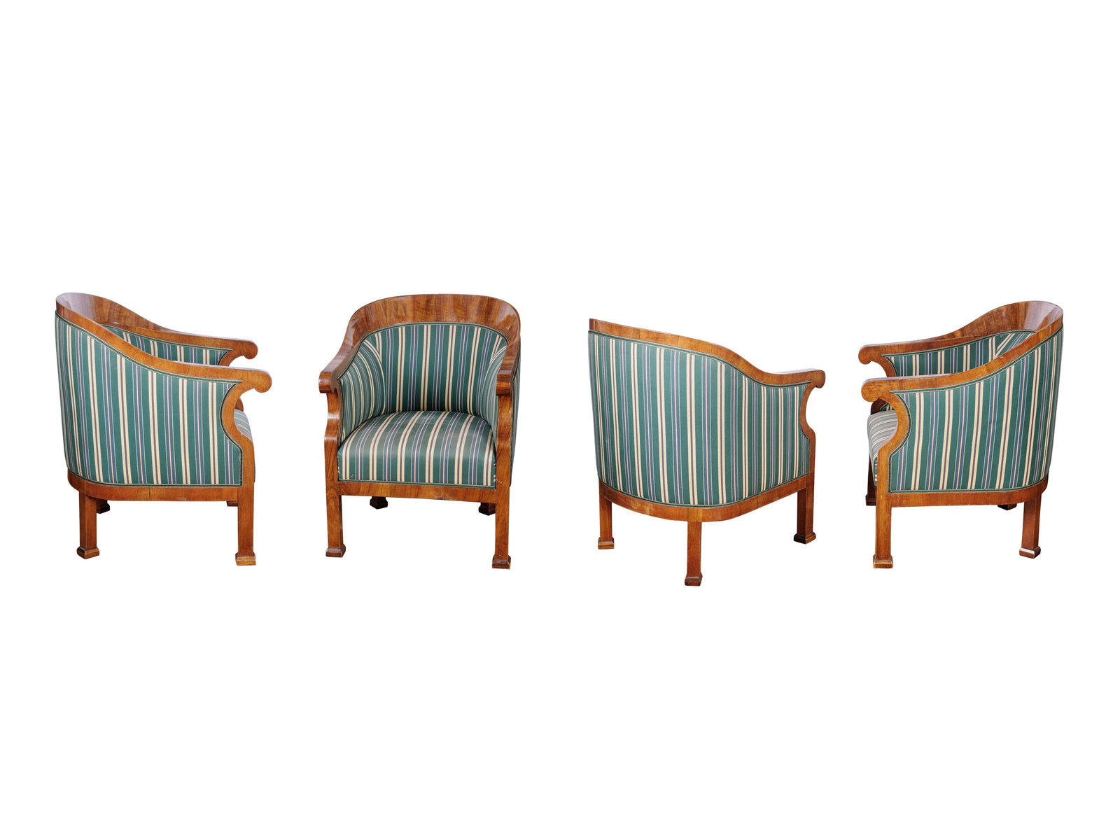 4 SEMI-CIRCULAR BIEDERMEIER ARMCHAIRS, CIRCA 1830/36: 4 semi-circular Biedermeier armchairsCirca 1830/36Softwood frame, walnut veneer and solid woodHeight 87 cm, width 63 cm, depth 67 cm