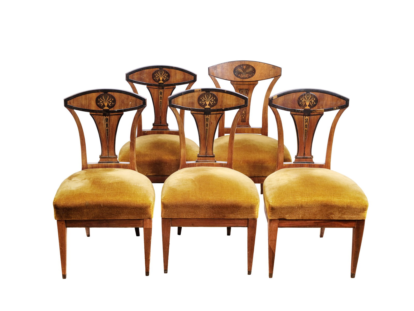 5 ARMCHAIRS, BIEDERMEIER: 5 armchairsBiedermeierCarved and inlaid woodHeight 88.5 cm, seat height 45 cm, width 48.5 cm