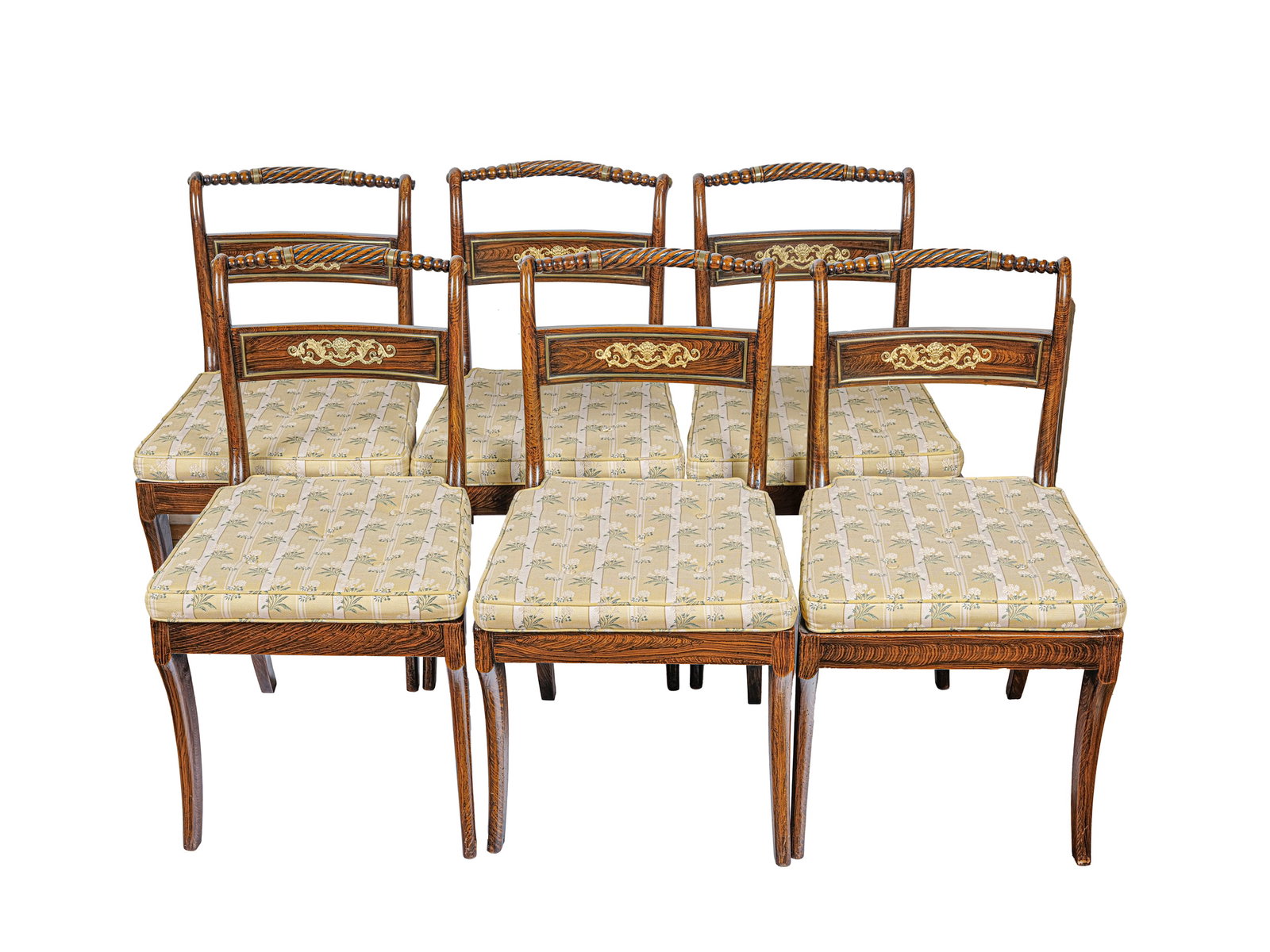 6 ARMCHAIRS, TROPICAL WOOD WITH BRASS ACCENTS: 6 armchairs Tropical wood with brass accents Height 81 cm, width 45 cm