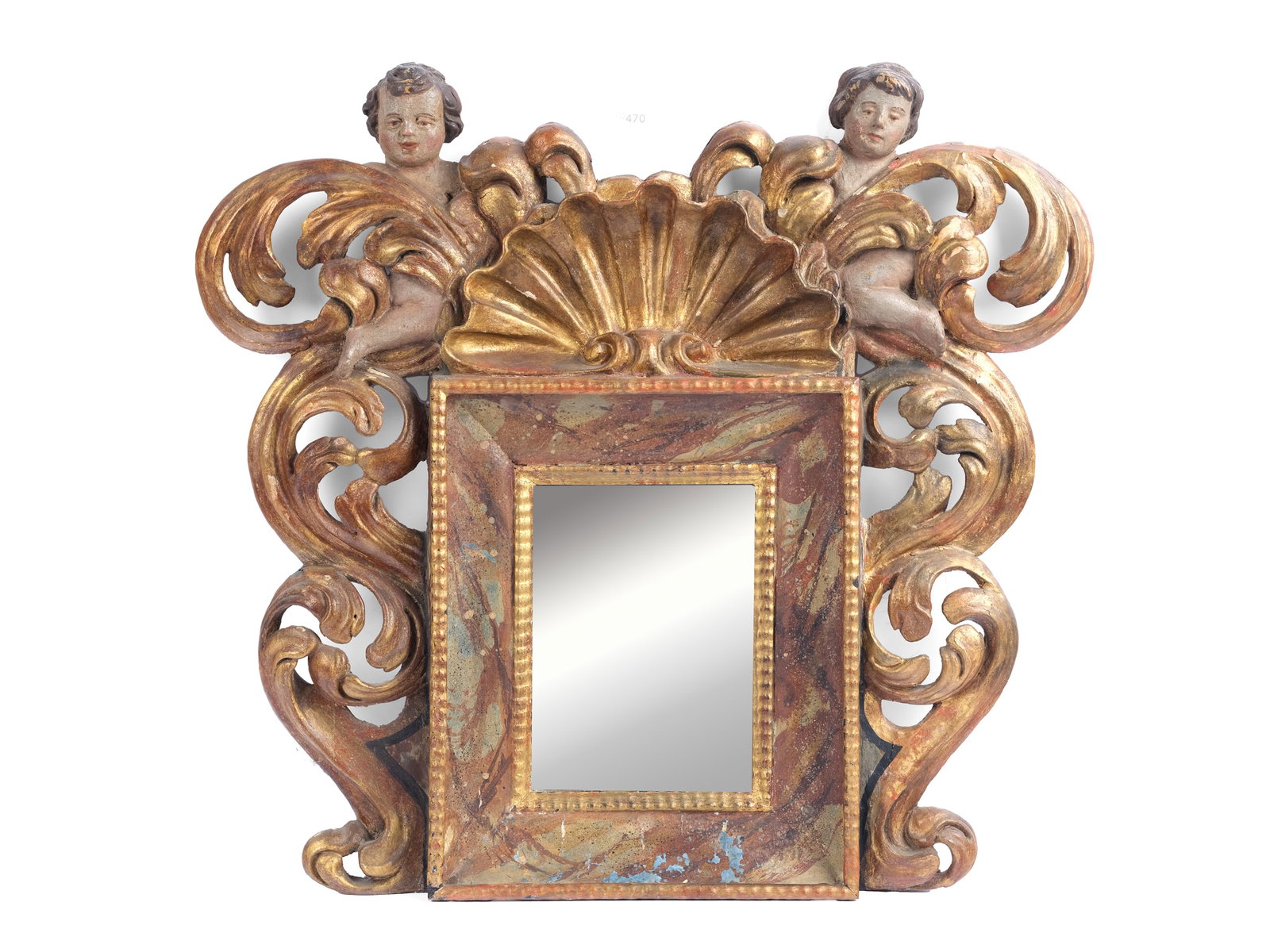 MAGNIFICENTLY CARVED FRAME WITH CHERUBS AND MIRROR, 18TH CENTURY: Magnificently carved frame with cherubs and mirror18th centuryWood carved, painted and gildedMirror 22.5 x 15.5 cm, frame height 57 cm, frame width 62 cmScuffs