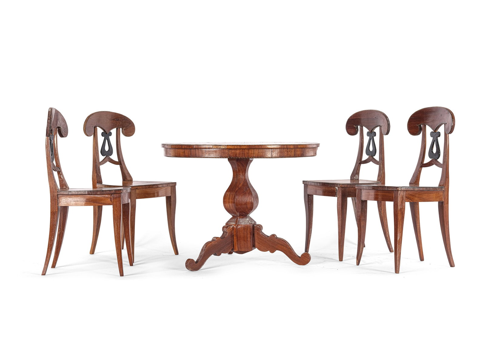 BIEDERMEIER STYLE, TABLE WITH 4 ARMCHAIRS: Biedermeier styleTable with 4 armchairsVarious types of woodTable diameter 25 cm, height 19 cmArmchairs height 24.5 cm each