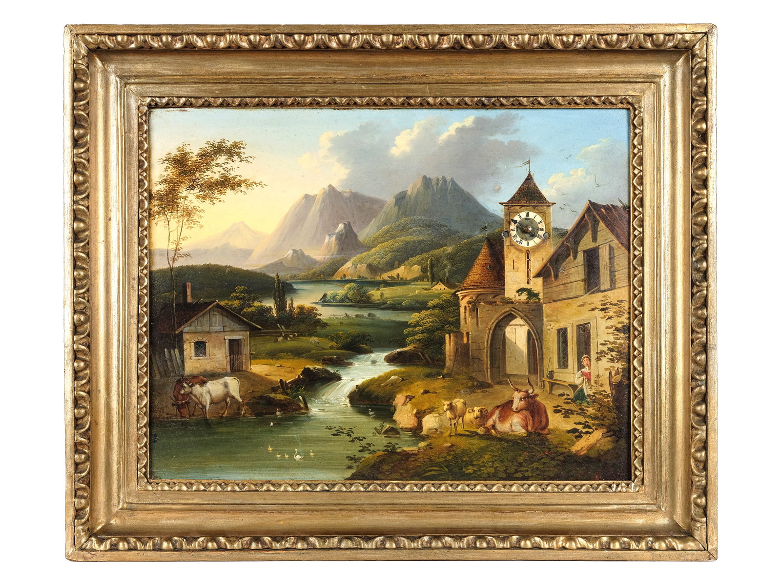 PICTURE CLOCK, ATTRIBUTED TO THE WORKSHOP OF KARL LUDWIG HOFMEISTER: Picture clockAttributed to the workshop of Karl Ludwig Hofmeister1790-1843Village lifeFirst half of the 19th centuryOil on metal38 x 47 cm, with frame 50.5 x 61.5 cmMovement not tested, sold as is