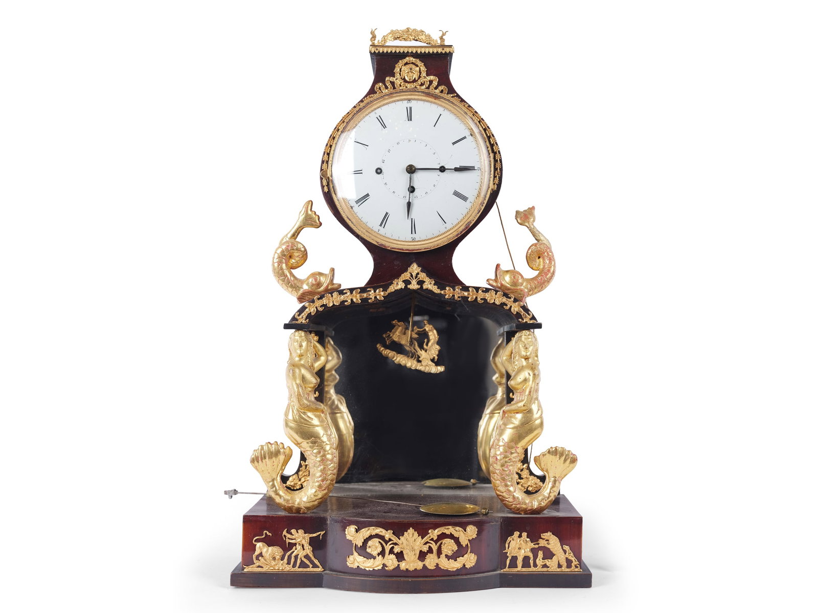 BIEDERMEIER CHEST CLOCK, WOOD AND GILDING, WITH MERMAIDS: Biedermeier chest clockWood and gilding, with mermaids4/4 hour strike with date displayHeight 56 cm, width 34 cmMovement not tested, sold as is