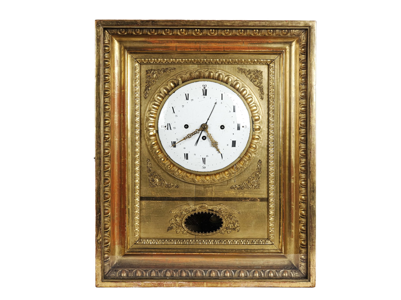 BIEDERMEIER FRAME CLOCK, CIRCA 1830/40: Biedermeier frame clockCirca 1830/40Oxeye frame, carved wood with original gildingMovement with date4/4 hour strike58 x 46 cmMovement not tested, sold as is