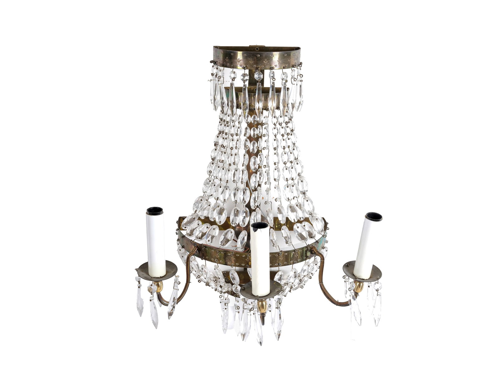 WALL SCONCE, LOUIS XVI STYLE: Wall sconceLouis XVI styleMetal with glass pendantsHeight 46 cm, width 36 cmElectrical wiring not tested, sold as-is