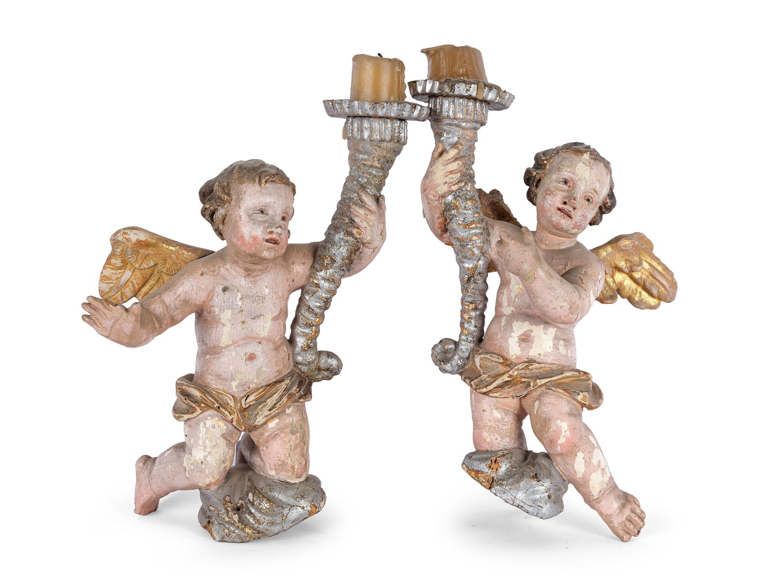 PAIR OF KNEELING ANGELS WITH CORNUCOPIAS, CANDLE HOLDERS: Pair of kneeling angels with cornucopiasCandle holdersSouthern Germany18th centuryCarved wood, polychrome and gildedHeight 34 cm eachVarious damages