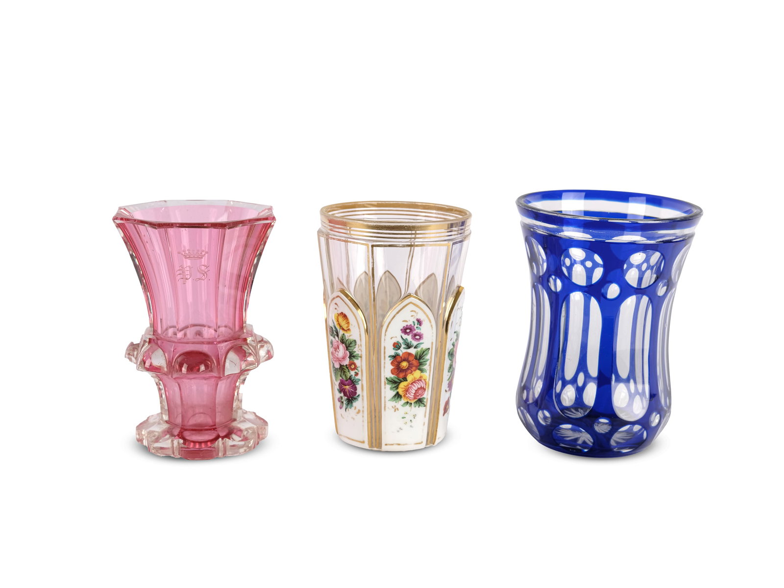 BUNDLE: 3 BIEDERMEIER GLASSES, CLEAR GLASS OVERGLAZED, MULTICOLORED, AND GILDED (1 of 3)