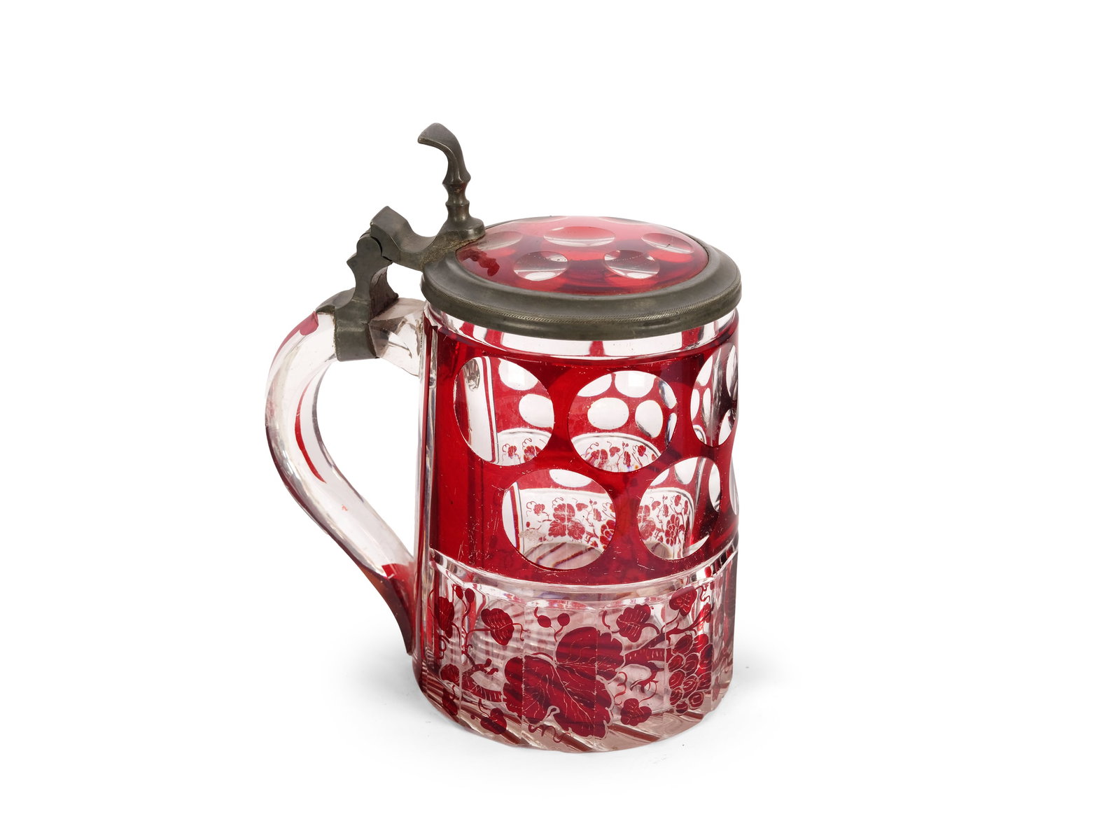 GLASS JUG WITH LID, CLEAR GLASS OVERGLAZED IN RED (1 of 4)