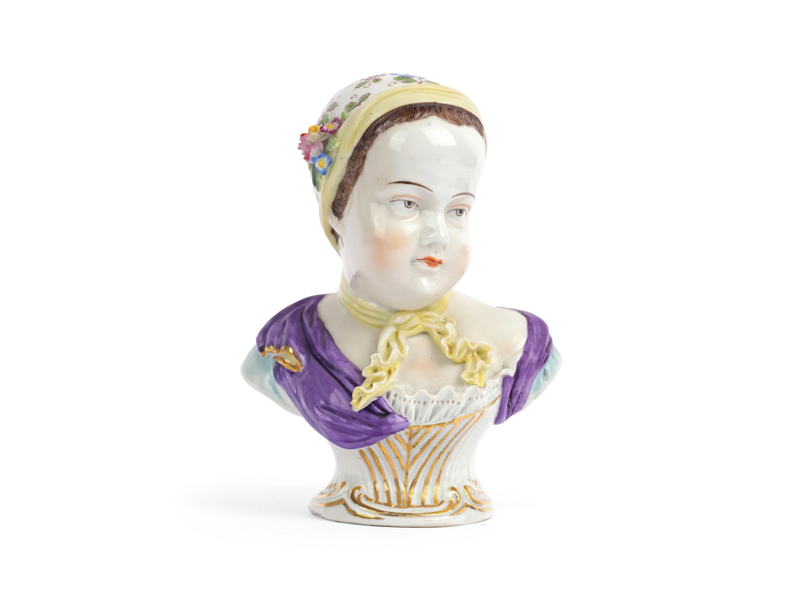 BUST OF A GIRL, NAPLES: Bust of a GirlNaplesPorcelain, polychrome and gildedHeight 12 cmMarked on the base