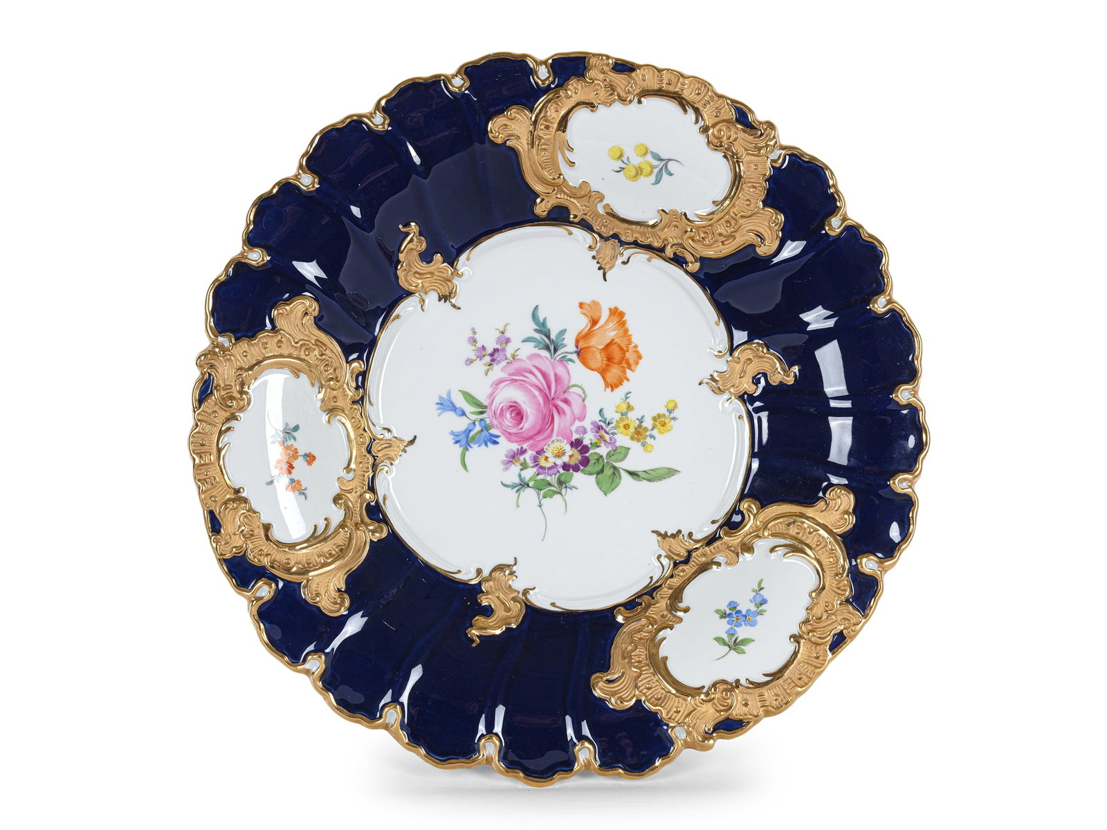 MEISSEN CEREMONIAL PLATE, PORCELAIN, COBALT BLUE AND MULTICOLORED, GILDED (1 of 4)