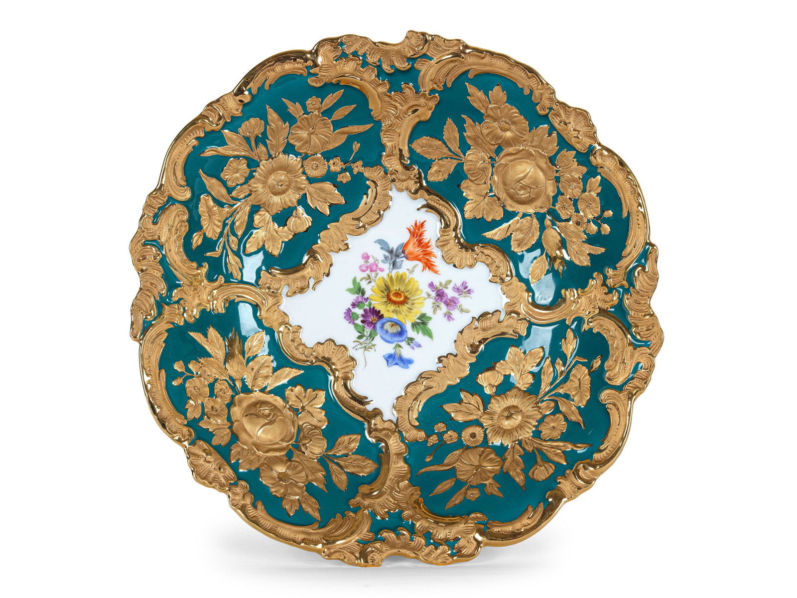 MEISSEN CEREMONIAL PLATE, PORCELAIN, GREEN AND MULTICOLORED DECORATION, GILDED (1 of 3)