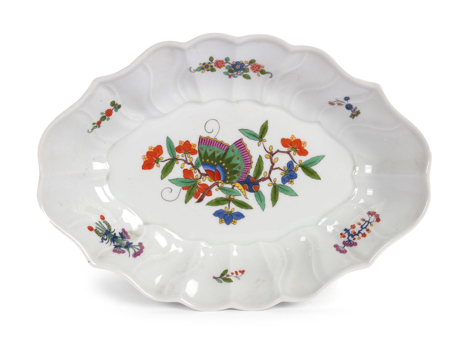 BOWL, MEISSEN PORCELAIN: BowlMeissen porcelainChinese butterfly designPolychrome porcelain26.5 x 18.5 cmMarked on the bottom4th choice