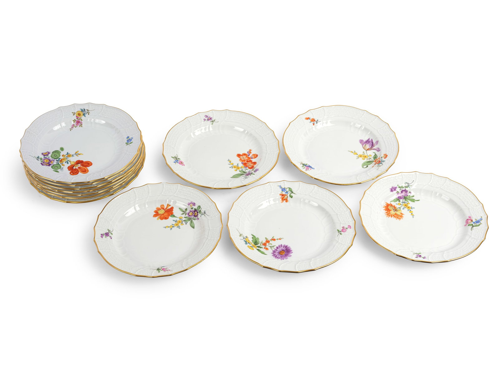 BUNDLE: 12 DESSERT PLATES, MEISSEN, FLOWER DESIGN (1 of 4)
