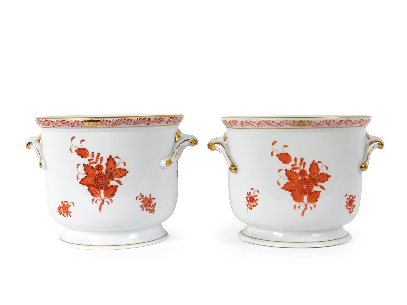 PAIR OF PLANTERS, HEREND: Pair of plantersHerendApponyi OrangeColorfully painted and gilded porcelainHeight 14 cm each, diameter 17 cm eachMarked on the bottom