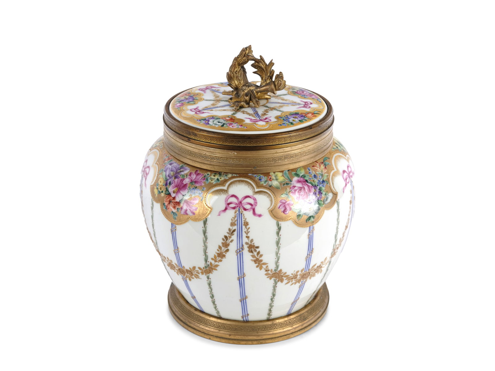 LIDDED VASE, FRANCE: Lidded VaseFranceCirca 1900Porcelain, colorfully decorated and gildedHeight 26 cm, Diameter 19 cmMarked on the bottom