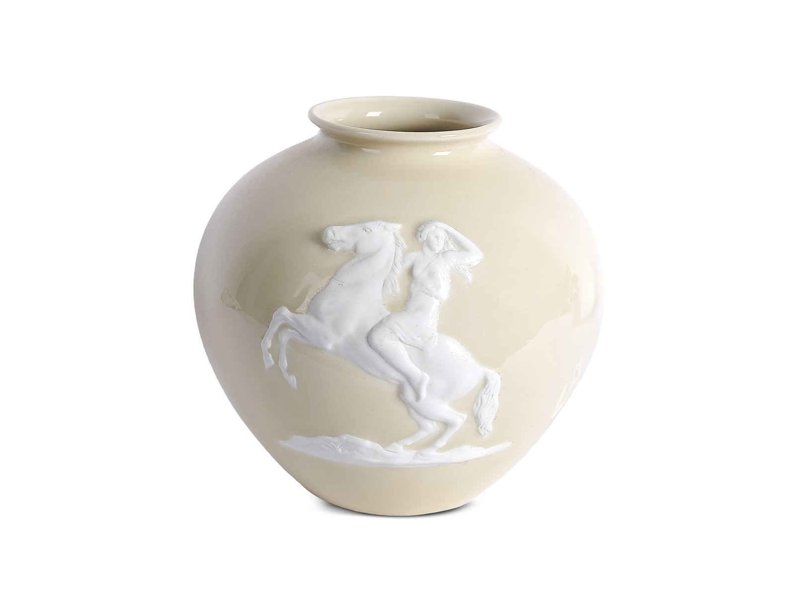 ROSENTHAL SPHERICAL VASE, NYMPH ON HORSEBACK: Rosenthal spherical vaseNymph on horsebackRosenthal porcelainEggshell-colored bisque porcelain with pure white motif19 x 20 cm