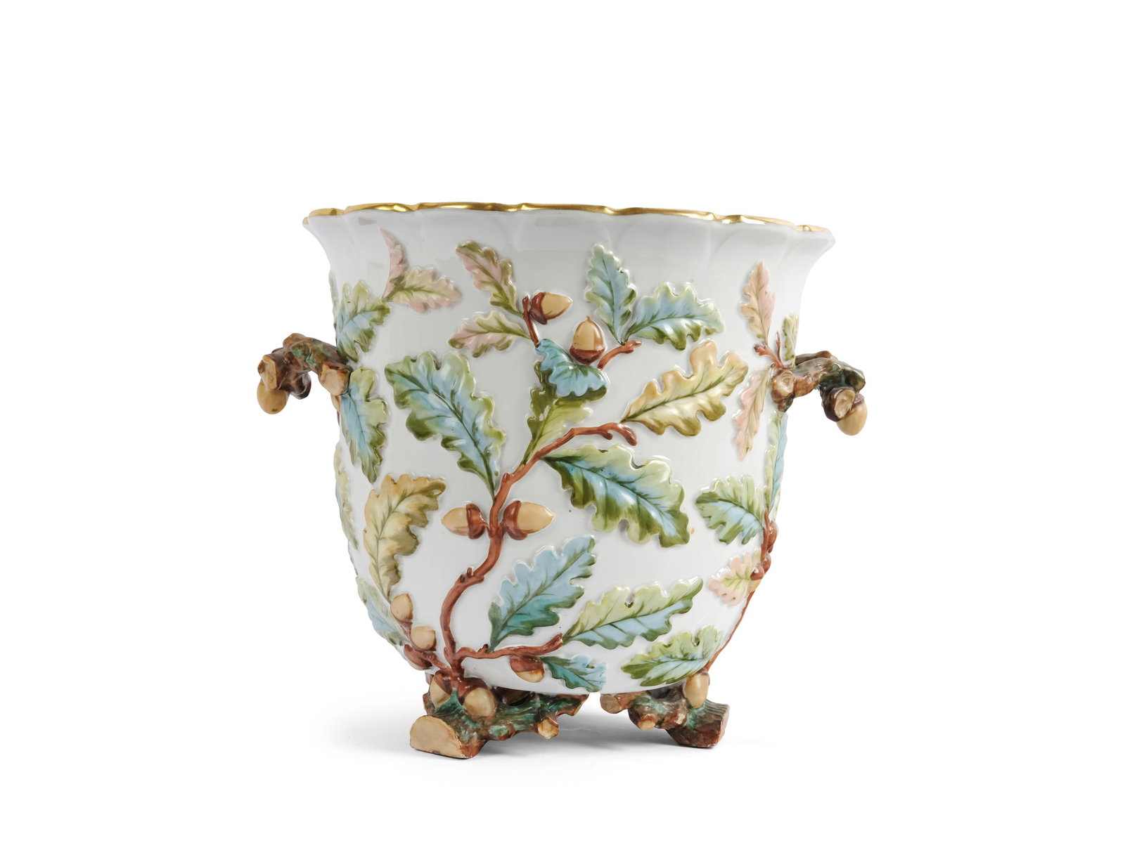 FLOWER PLANTER WITH OAK LEAF MOTIFS, COLORFULLY DECORATED CERAMIC: Flower planter with oak leaf motifsColorfully decorated ceramicHeight 22.5 cm