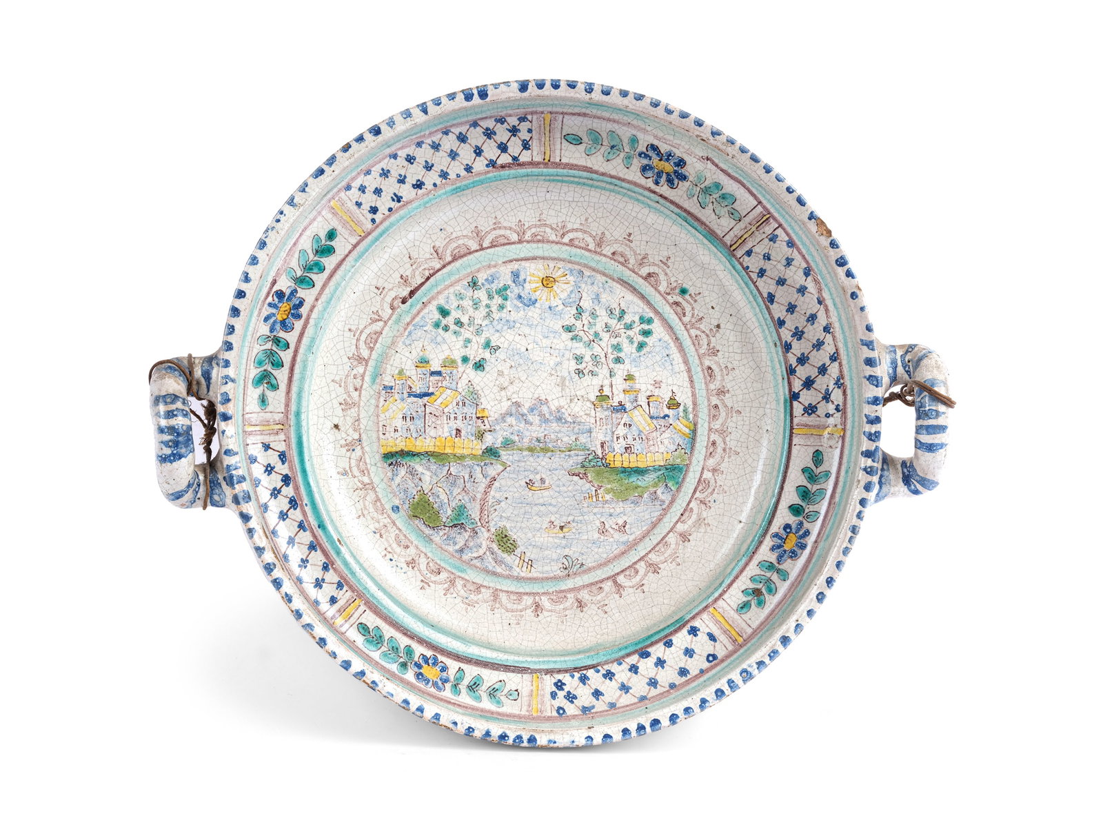 DUMPLING BOWL, GMUNDEN: Dumpling bowlGmundenCirca 1800Colorfully decorated ceramicDiameter 40.5 cmPartially damaged at the rim
