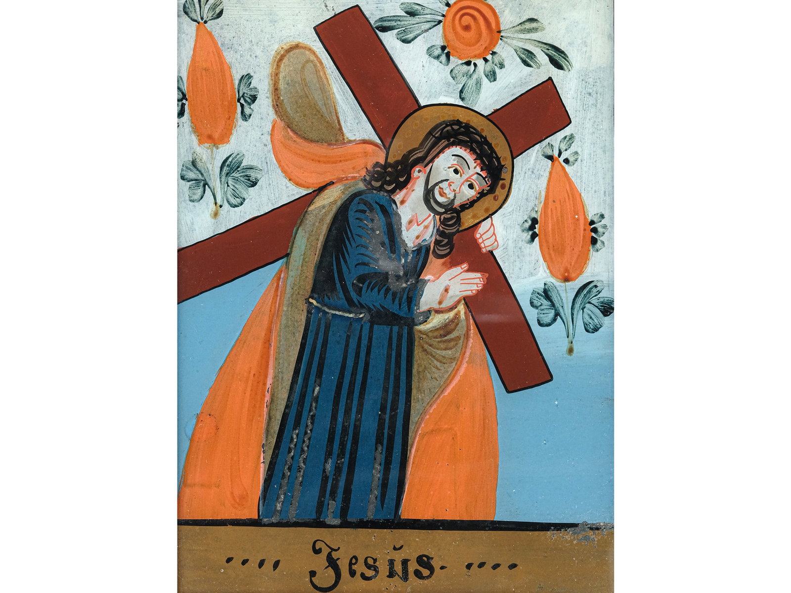 REVERSE-GLASS PAINTING, CARRYING THE CROSS: Reverse-glass paintingCarrying the CrossSandl19th century19 x 14 cm, with frame 25 x 19.5 cm