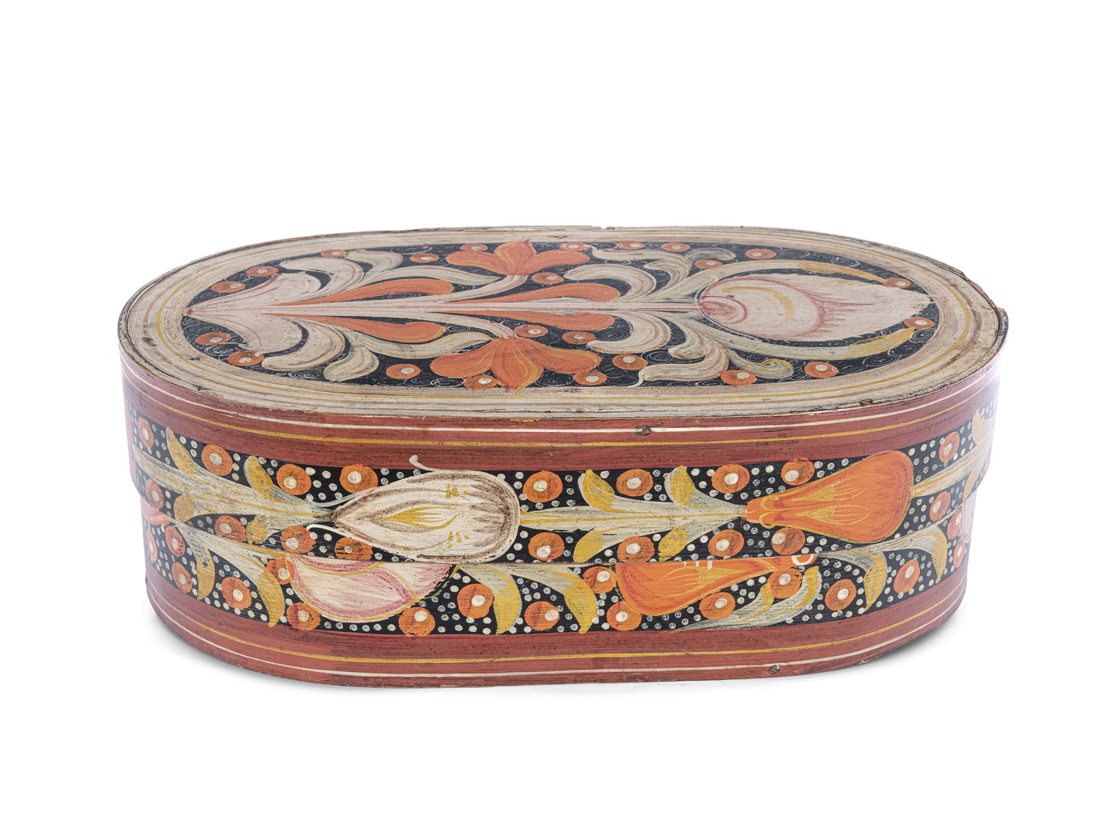 CHIPBOARD BOX, 18TH CENTURY: Chipboard box18th centuryWood with original polychrome finishLength 44.5 cm, width 25.5 cm, height 16 cm