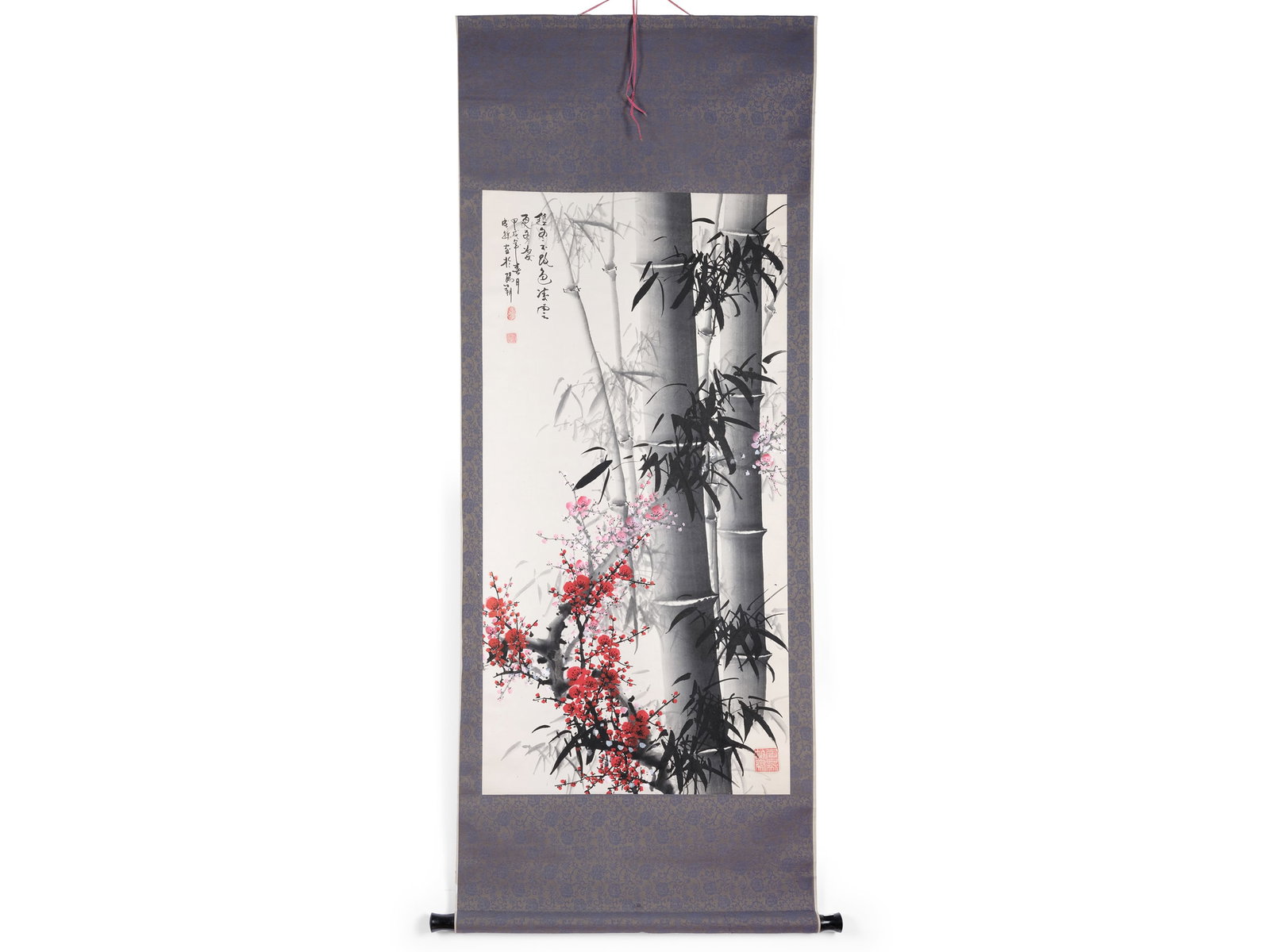SCROLL DEPICTING BAMBOO WITH CHERRY BLOSSOMS AND PLUM BLOSSOMS, CHINA (1 of 4)