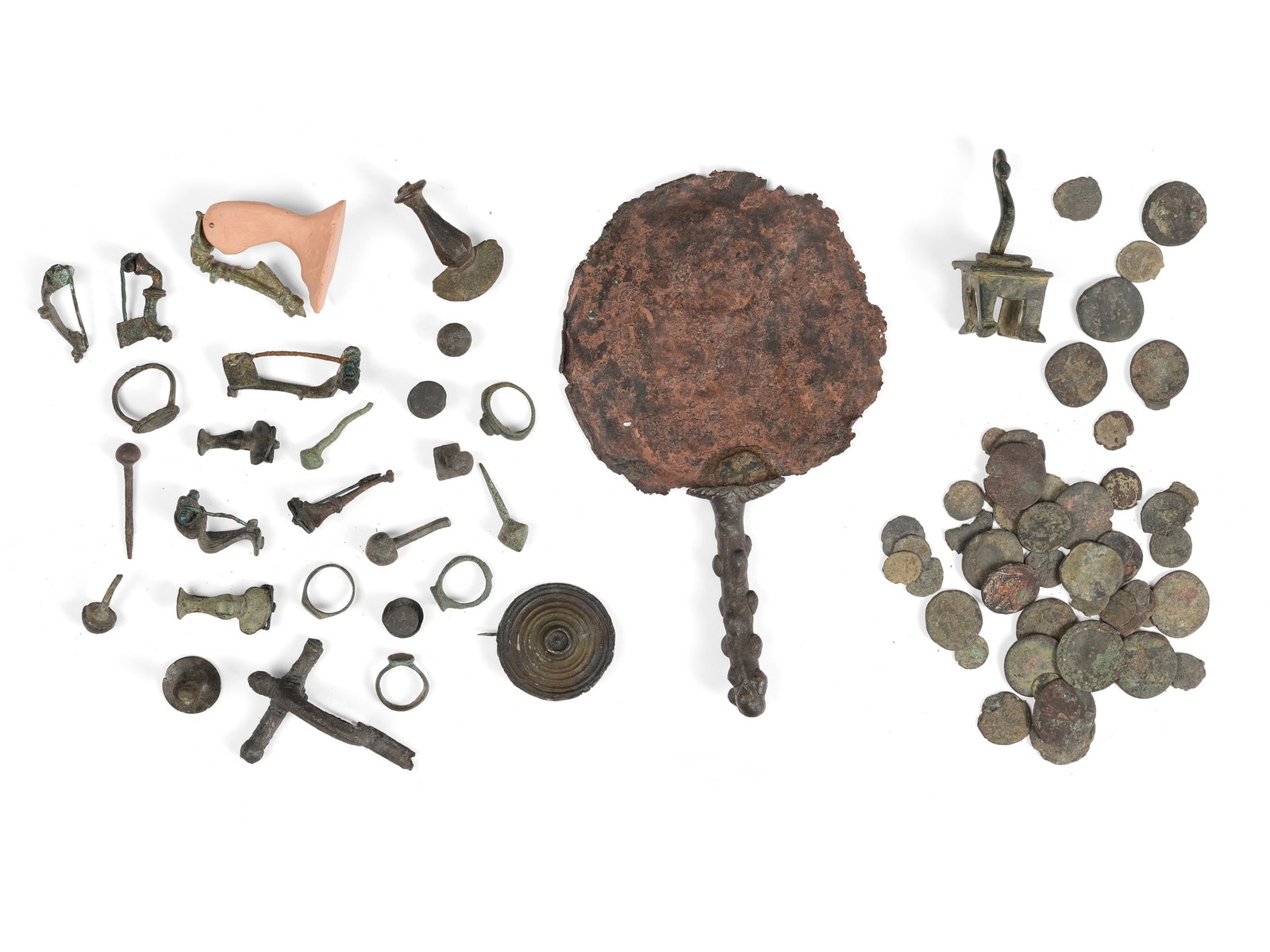 BUNDLE: FIBULAE, COINS, MIRROR, BRONZE (1 of 4)